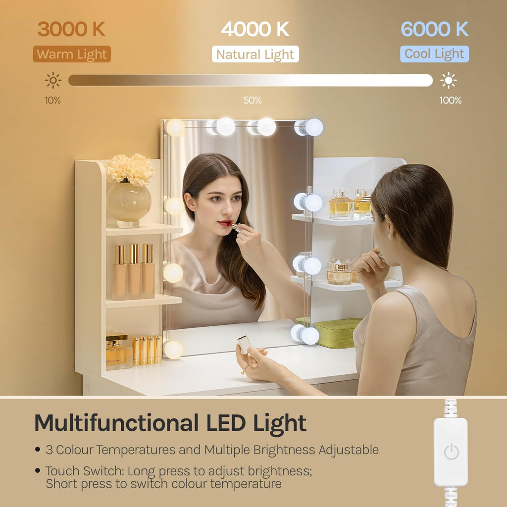 WOLTU Sminkbord med LED-belysning Hollywood, sminkbord med spegel, kosmetikbord med 2 lådor och 4 öppna hyllor, sminkbord modernt för sovrum tillverkat av trä, vit MB6096ws