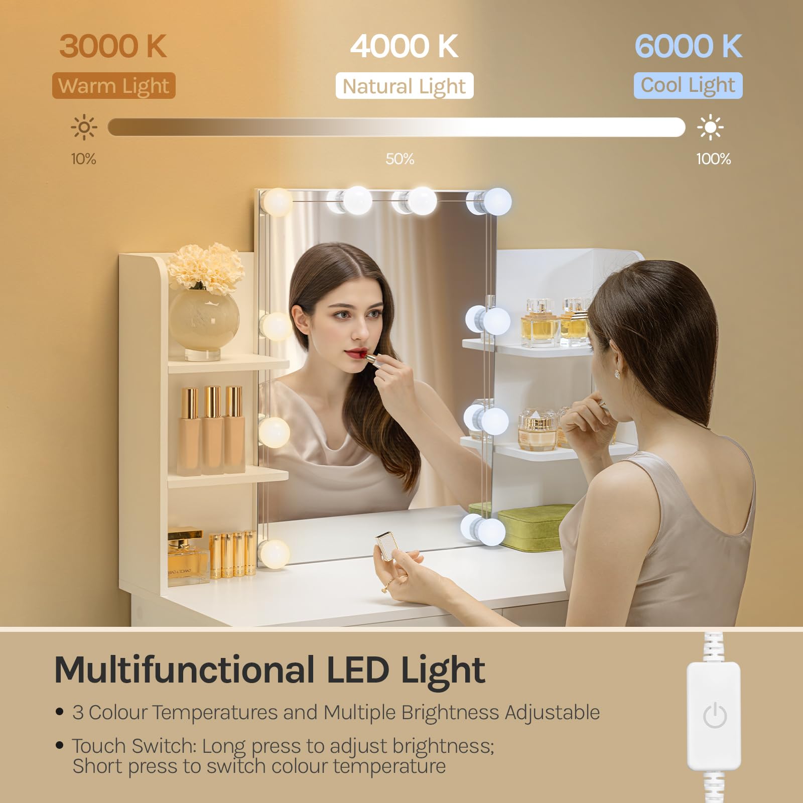 WOLTU Sminkbord med LED-belysning Hollywood, sminkbord med spegel, kosmetikbord med 2 lådor och 4 öppna hyllor, sminkbord modernt för sovrum tillverkat av trä, vit MB6096ws