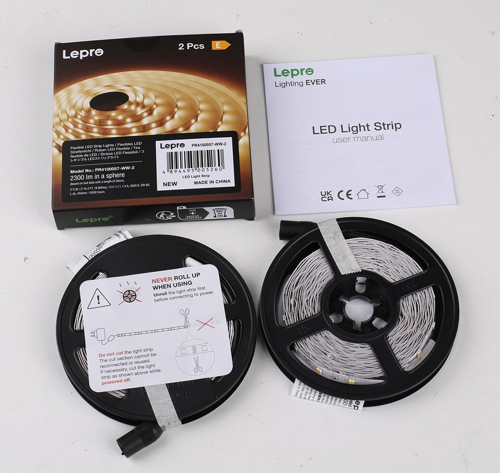 Lepro LED-remsor 12V 5m självhäftande, remsa med 300 stycken 2835 LED-lampor, 3000 Kelvin 1200 lumen varmvit DIY flexibel LED-remsa för inomhushemskök, förpackning med 2