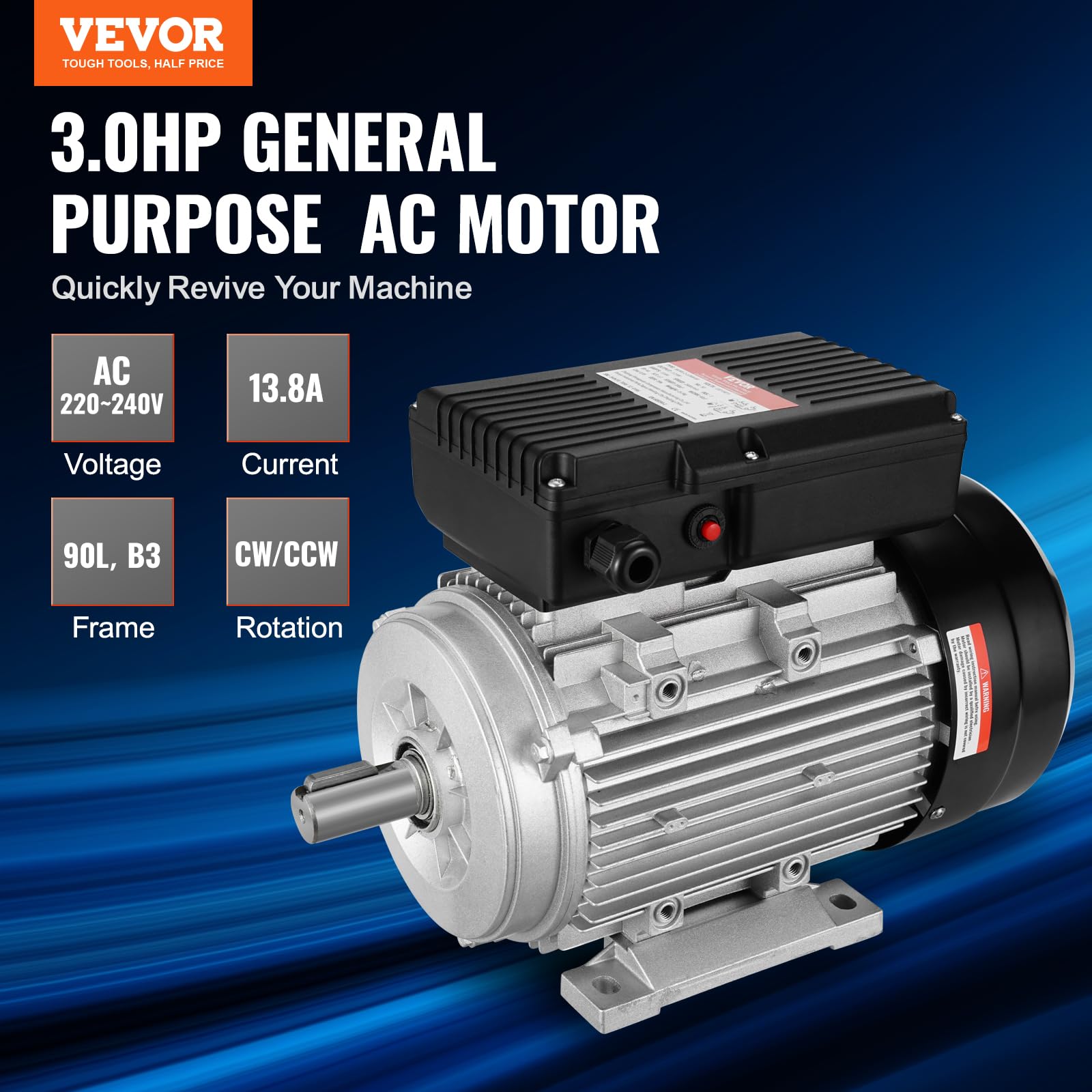 VEVOR Elmotor 2,2 kW 1-fas luftkompressormotor, 2 800 varv/min, AC 220–240 V, 13,8 A, 90L ram, B3, 24 mm kopplingsaxel, CW/CCW-rotation för jordbruksmaskiner och utrustning