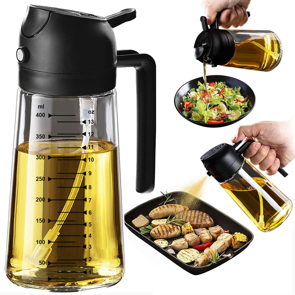 TrendPlain Oljesprayflaska för Airfryer 470ml, 2-i-1 Oliedispenser, Oljespray för Kök, Sallad och Vinäger, BPA-fri Kökstillbehör (Ett stycke, Svart)