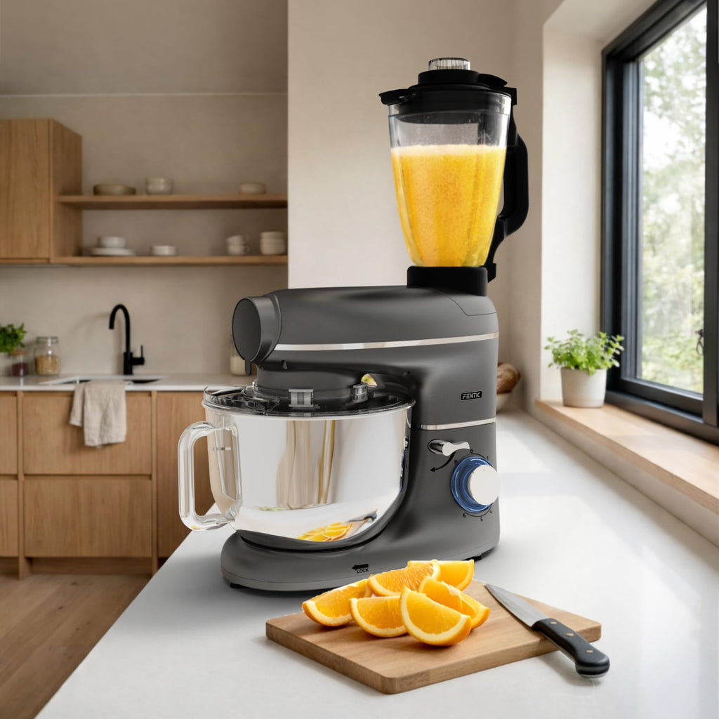 6 in 1 Matberedare – 2000W – Med Köttkvarn, 1,5L Blender,Grönsaksskärare och Extra Tillbehör – Köksmaskin med Mixerskål 6.2L, Omrörarkrok, Degkrok, Visp och Stänkskydd (Antracit)