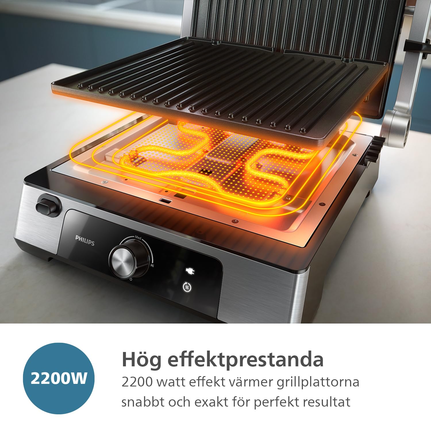 Philips kontaktgrill - Justerbar temperatur. Stor grillyta och hög effekt. Löstagbara non-stick-plattor och droppbricka. (HD6301/90)