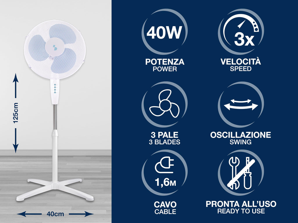 BEPER P206VEN103 Piedestalfläkt 3 blad, justerbar höjd upp till 125 cm, 3 hastigheter, automatisk oscillation, enkel montering utan verktyg, 40 cm stålgaller, tvärbas, 40W