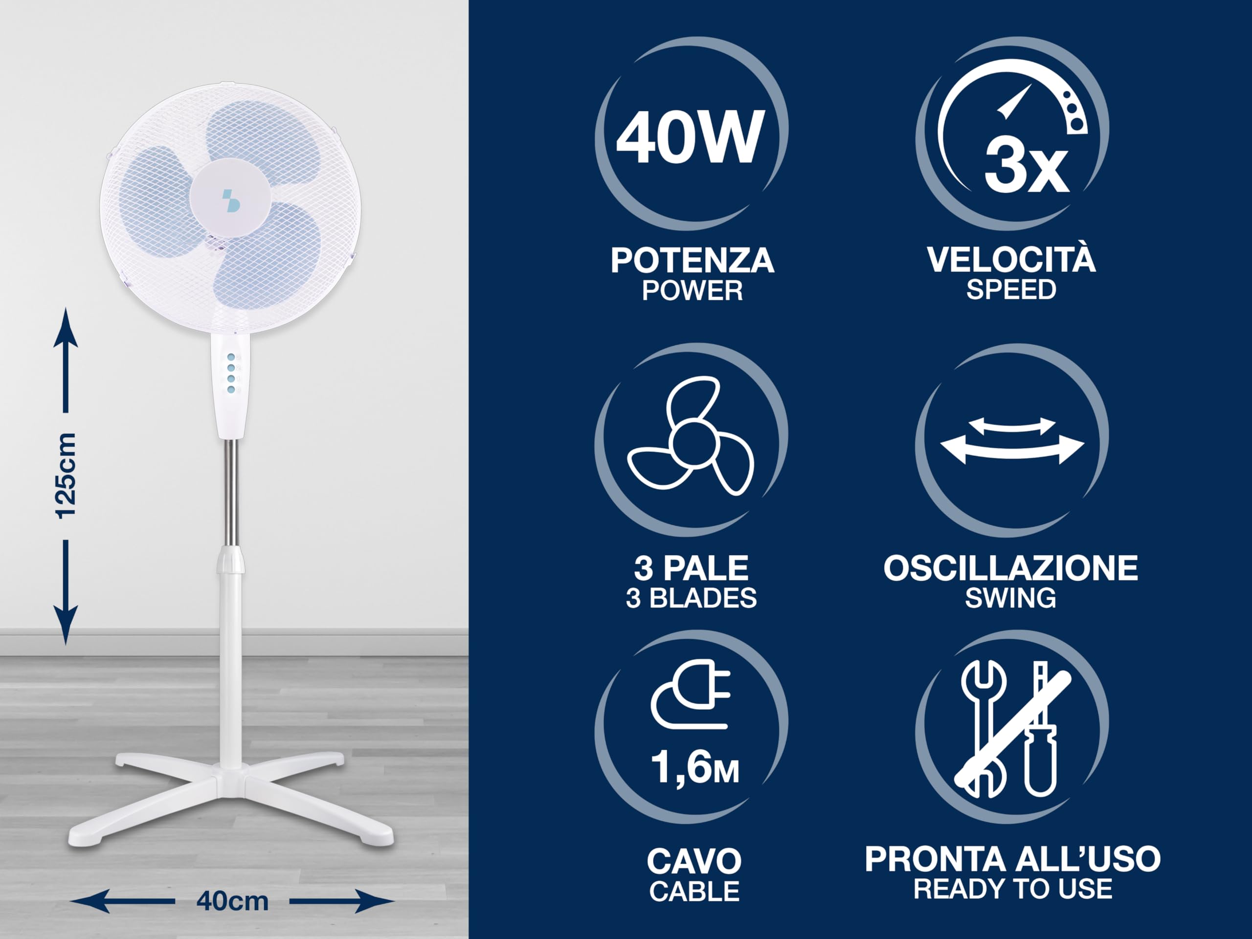 BEPER P206VEN103 Piedestalfläkt 3 blad, justerbar höjd upp till 125 cm, 3 hastigheter, automatisk oscillation, enkel montering utan verktyg, 40 cm stålgaller, tvärbas, 40W