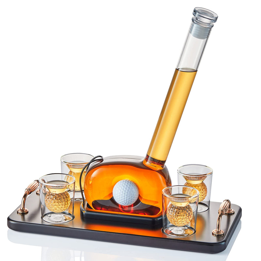 Golf Decanter Whiskey Decanter Set with 4 Golf Ball Whiskey Glasses - Unique Golf Gifts for Men - 750ML Golf Themed Liquor Decanters for Alcohol, Bourbon, Scotch, Vodka, Tequila, Wine Clear