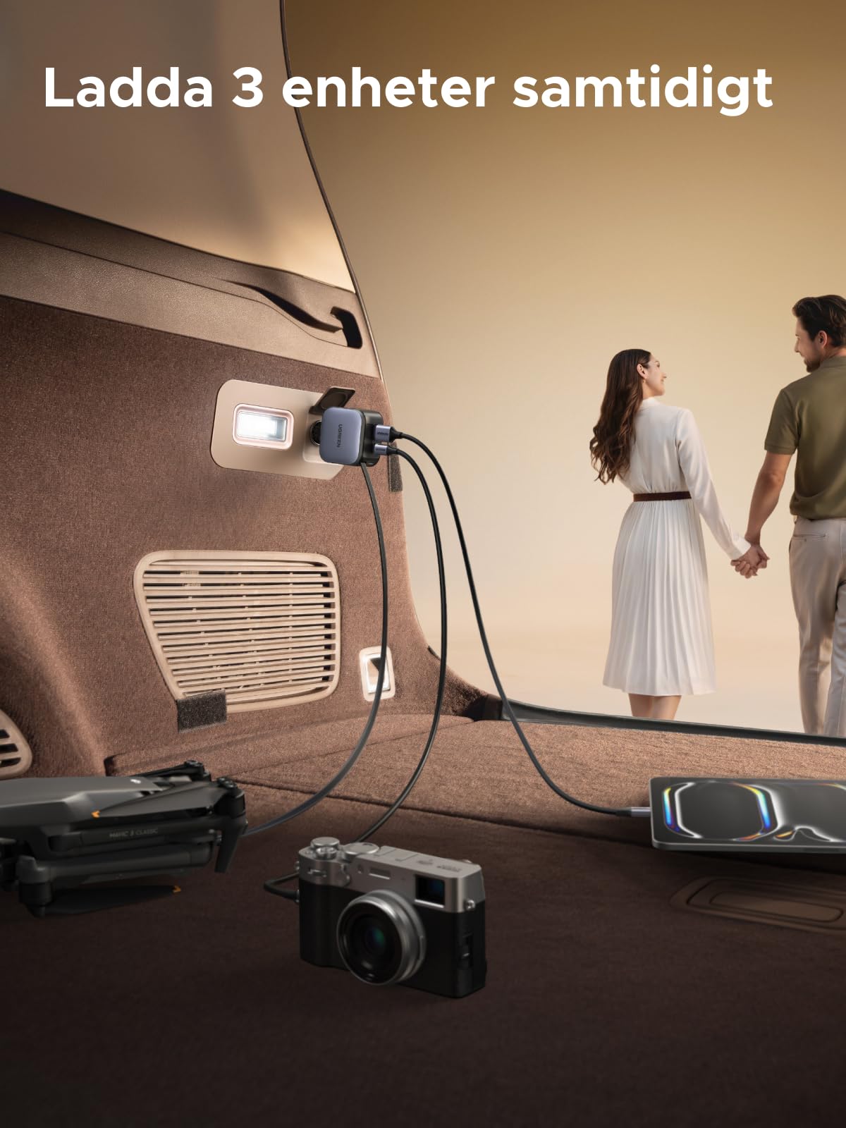 UGREEN 3-port cigarettändare 60W infällbar billaddare 30W integrerad USB C-kabel biltillbehör bil 12V adapter för iPhone 17/16/15, Galaxy S25/24, GPS etc.