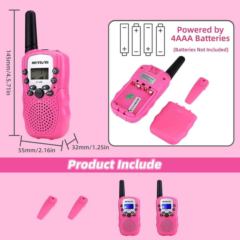 Retevis RT388 Walkie Talkie Pojkar Flickor, 8-Kanaler Lcd-SkäRm Vox-Funktion 10 Samtalstoner Inbyggd Ficklampa Leksak Spresent för Campinglov Skolaktiviteter (Rosa, 1 Par)