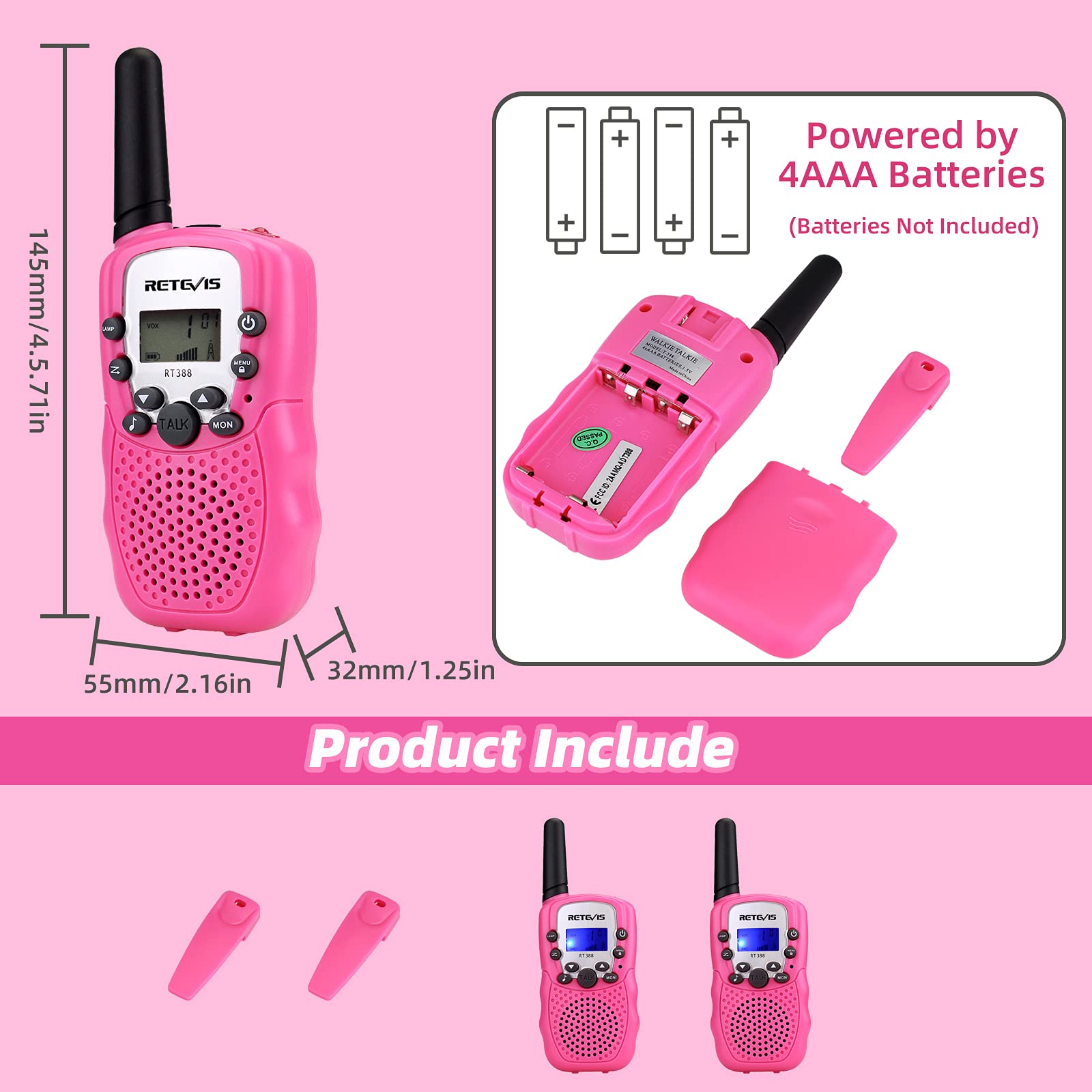 Retevis RT388 Walkie Talkie Pojkar Flickor, 8-Kanaler Lcd-SkäRm Vox-Funktion 10 Samtalstoner Inbyggd Ficklampa Leksak Spresent för Campinglov Skolaktiviteter (Rosa, 1 Par)