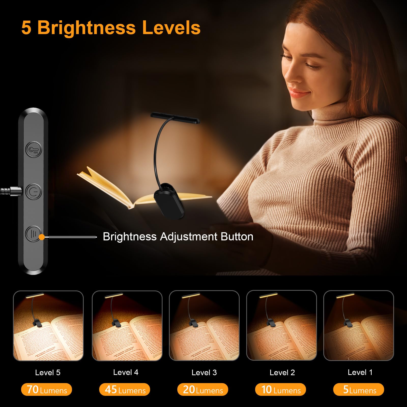 Gritin 19 LED Läslampa, 360° Flexibel Justerbar Uppladdningsbar Boklampa, 3 Ljusfärger & 5 Lljusstyrkor, Ögonskyddsboklampa med Minnesläge, Långa Timmar för Nattläsare
