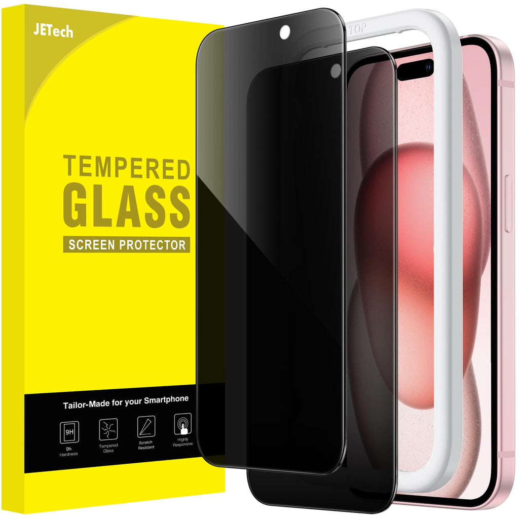 JETech Privacy Skärmskydd för iPhone 15 6,1 Tums, Anti-Spion Härdat Glasfilm med Enkelt Installationsverktyg, 2-Pack