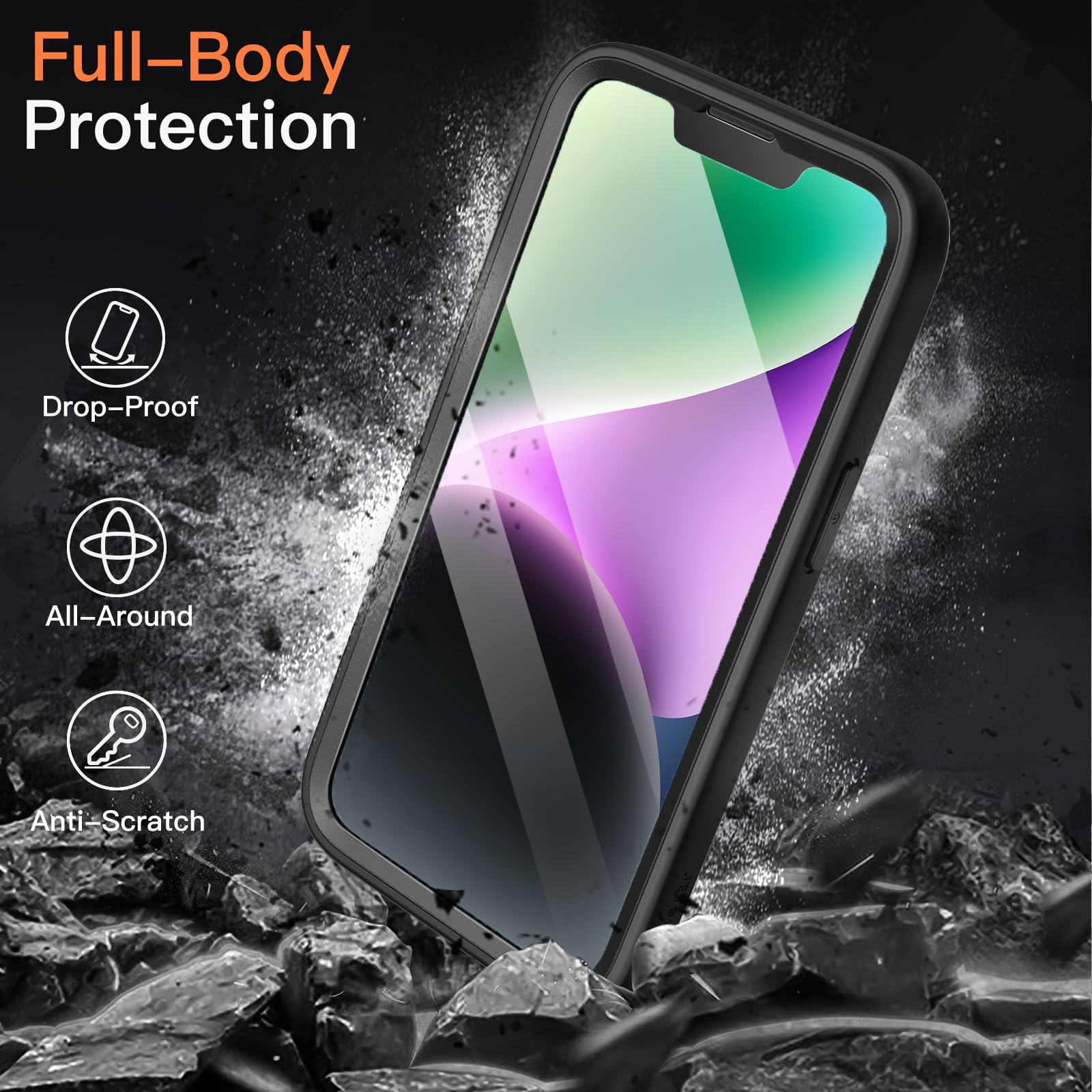 JETech Fodral för iPhone 14 6,1-Tum med Inbyggt Härdat Glas Skärmskydd, Kamera Fullständig Rundstrålande Skydd, Stötsäkert Bumper Mobilskal Genomskinlig Baksida, HD Film (Svart)