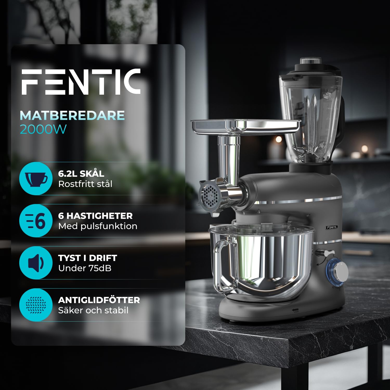 6 in 1 Matberedare – 2000W – Med Köttkvarn, 1,5L Blender,Grönsaksskärare och Extra Tillbehör – Köksmaskin med Mixerskål 6.2L, Omrörarkrok, Degkrok, Visp och Stänkskydd (Antracit)