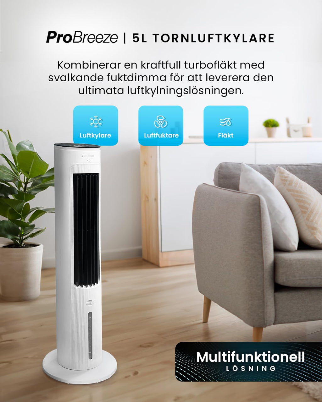 Pro Breeze 5 l mobil luftkylare med 3 fläktnivåer – tornfläkt med fjärrkontroll, automatisk växling, digital 7-timmars timer – luftkonditionering utan frånluftsslang för hem och kontor