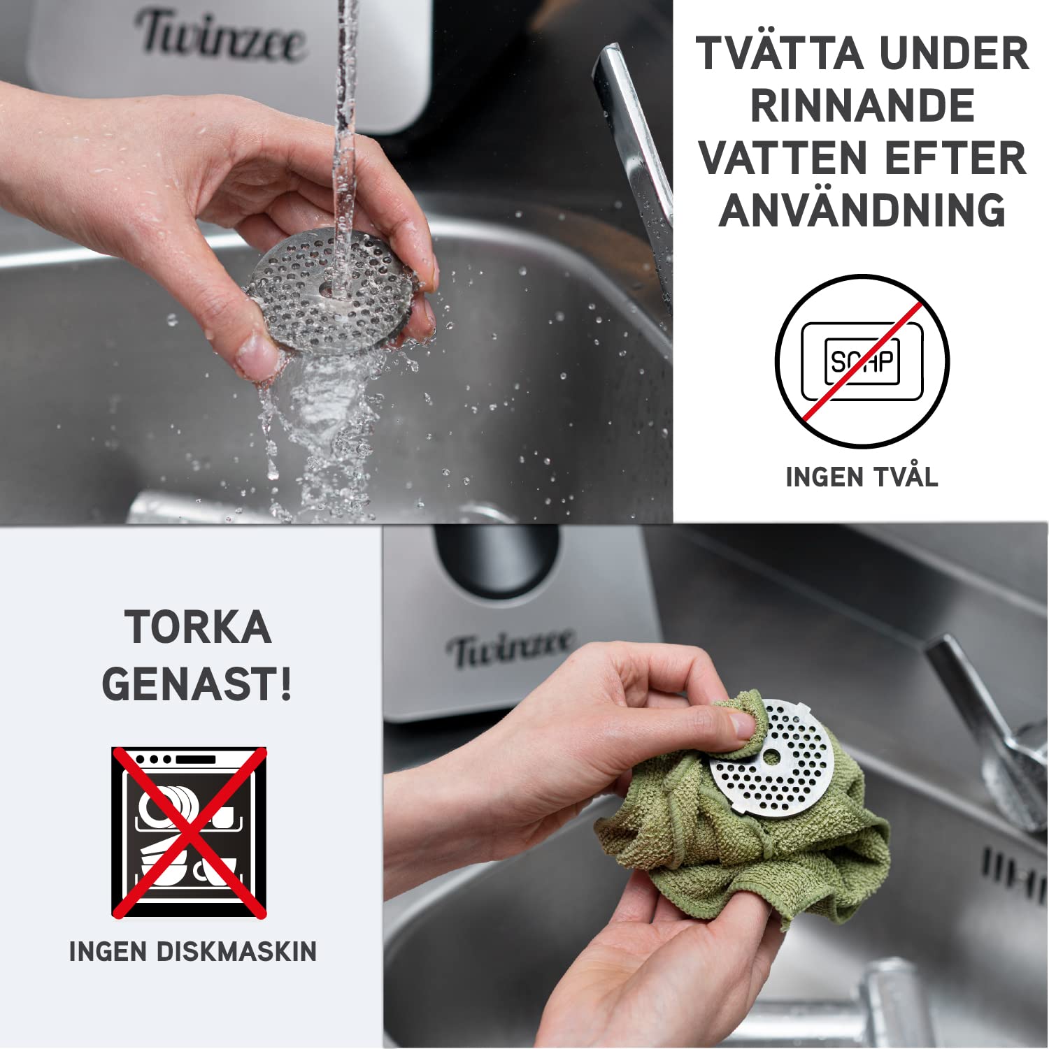 Twinzee - Elektrisk köttkvarn med korvfyllmedel 1500W, vit - För kött och korv - Matberedare, köttkvarn med 3 perforerade skivor och 3 korvfästen