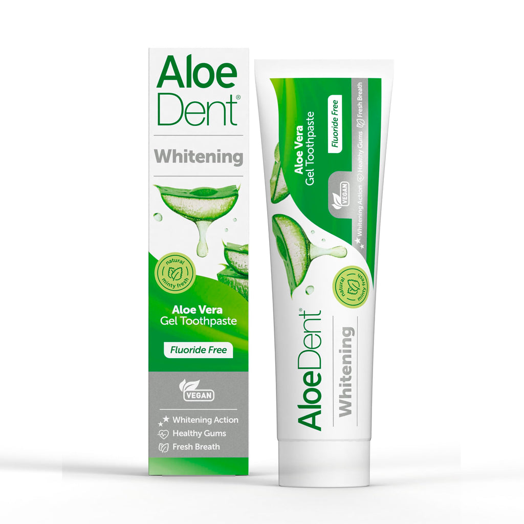 Aloe Dent Whitening Aloe Vera tandkräm Fluorfri, naturlig verkan, Vegan, Cruelty Free, SLS-fri, Naturligt vit, Hälsosamt tandkött, 100 ml, förpackningen kan variera