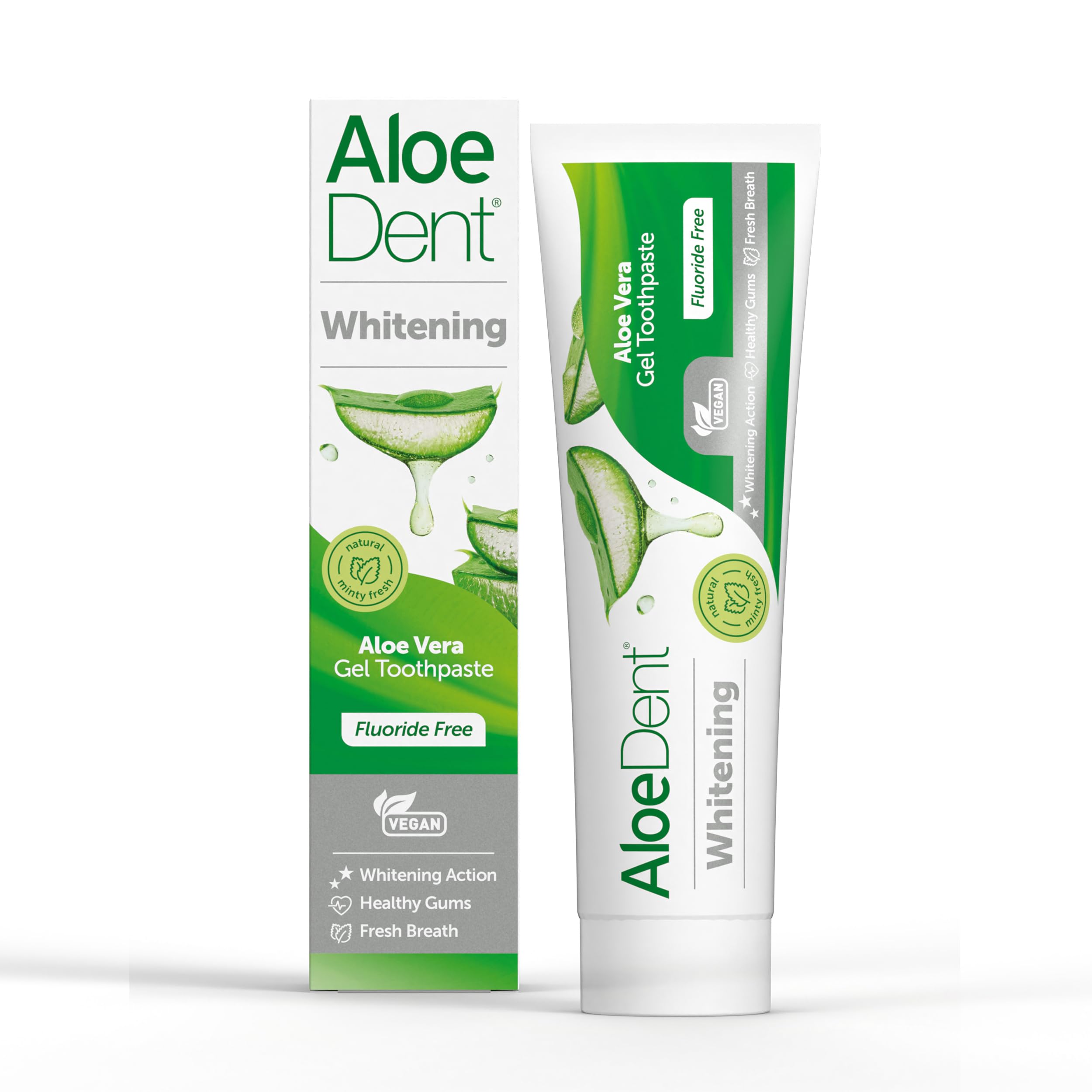 Aloe Dent Whitening Aloe Vera tandkräm Fluorfri, naturlig verkan, Vegan, Cruelty Free, SLS-fri, Naturligt vit, Hälsosamt tandkött, 100 ml, förpackningen kan variera