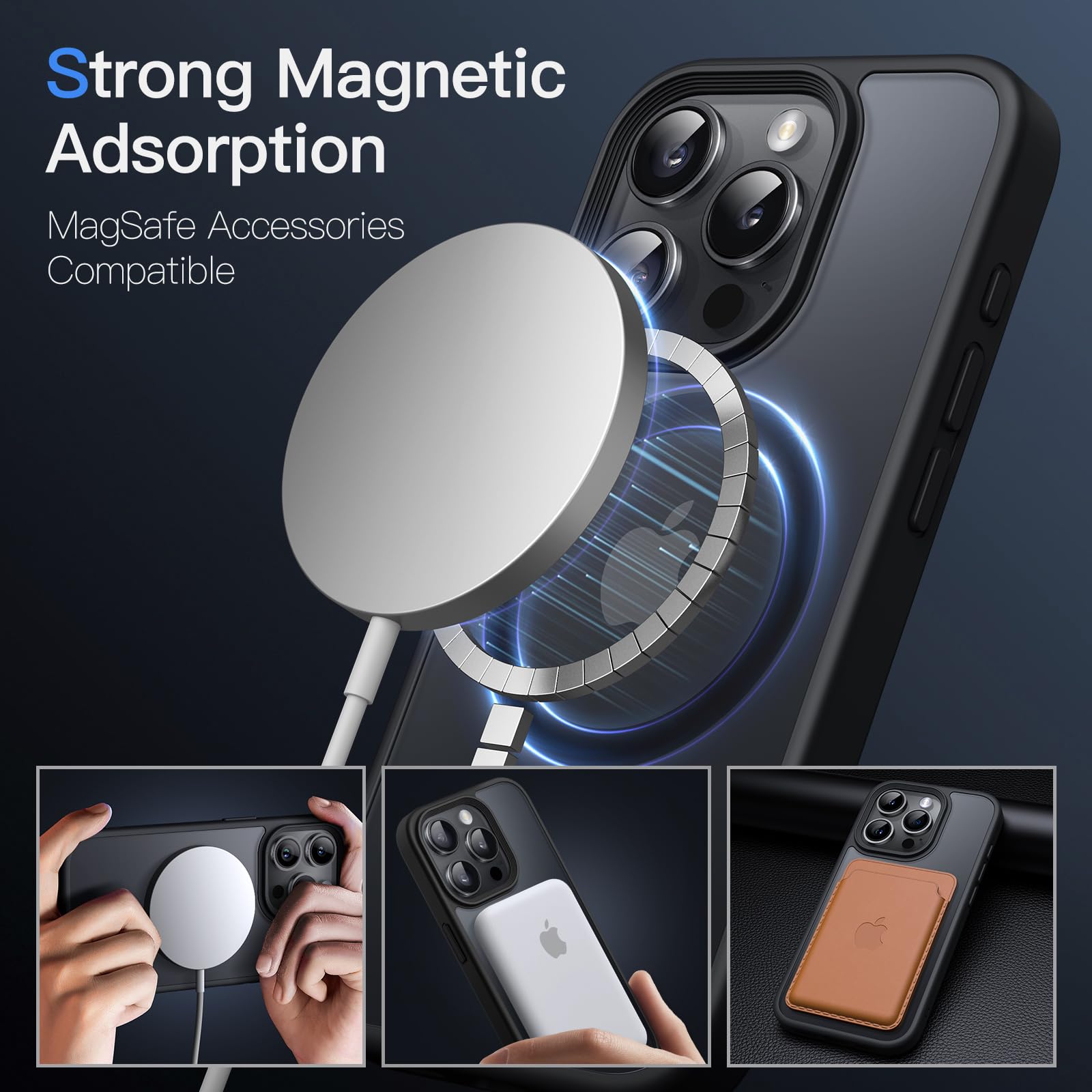 JETech Magnetisk Skal för iPhone 15 Pro Max 6,7 Tums Kompatibelt med MagSafe, Genomlysande Matte Tillbaka Smal Stötsäker Case (Svart)