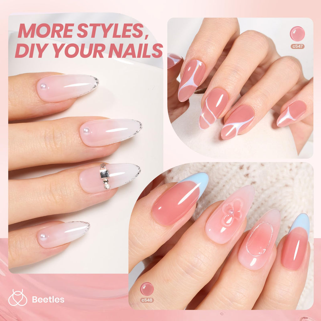 Beetles Jelly Gel Nagellack Set 6 färger, neutral transparent UV nagellack mjölkvit nakenrosa genomskinlig nagelgel DIY manikyr UV-lampa krävs