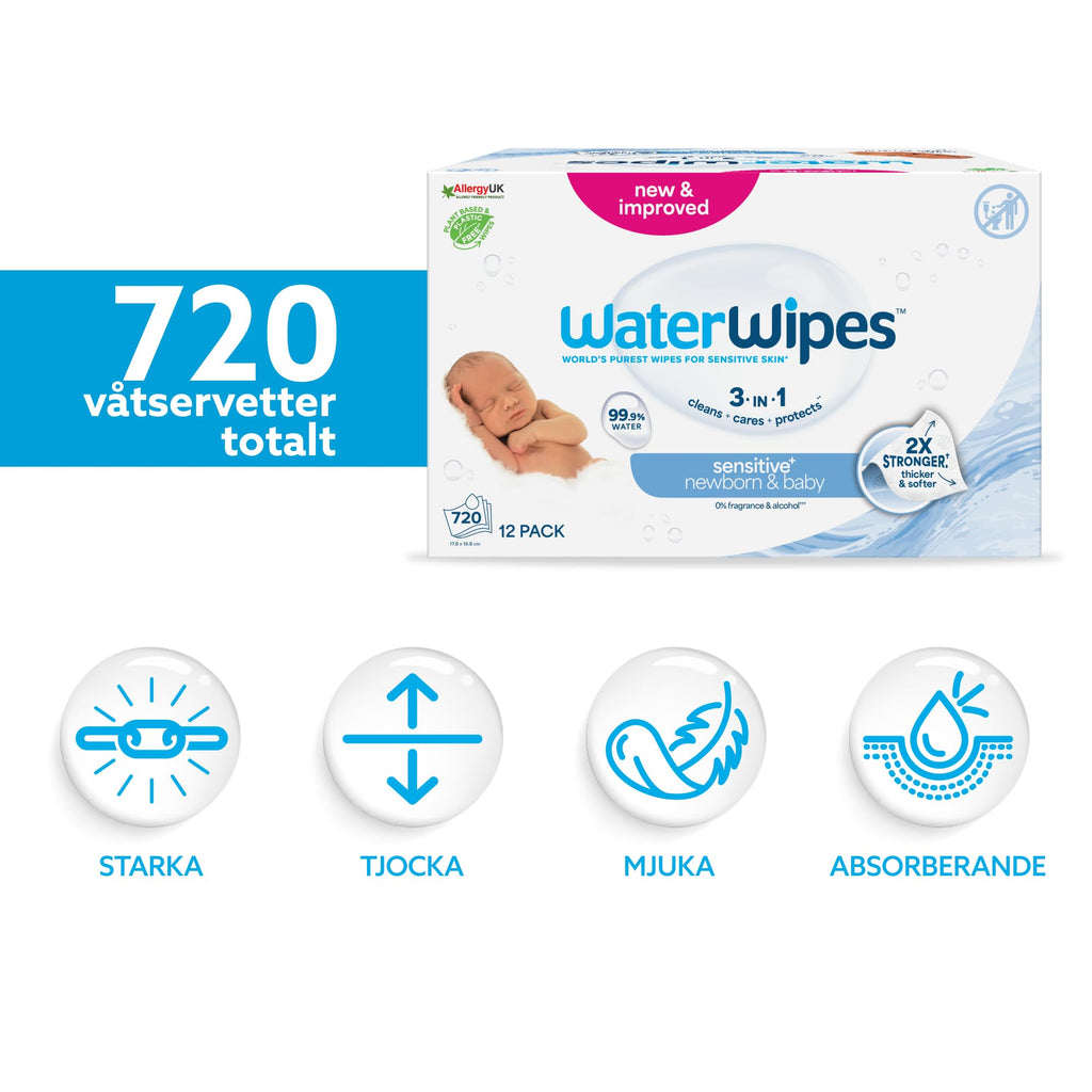 WaterWipes Sensitive+ Newborn & Baby Wipes, Våtservetter för nyfödda och spädbarn, 720 st (12-pack), 3-i-1 rengör, vårdar och skyddar, 99,9% vatten, oparfymerade