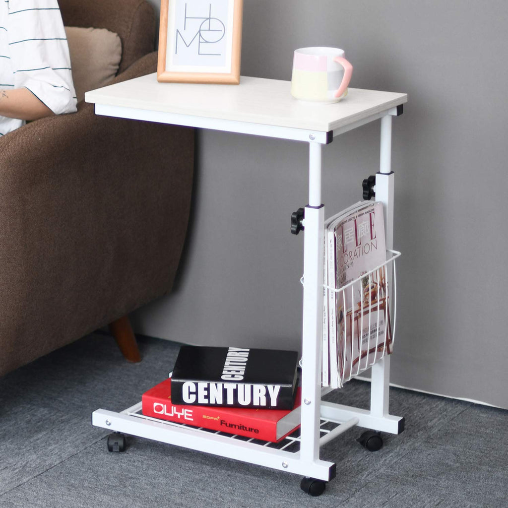 Sogesfurniture mobil laptop trollbord soffa sidobord mellanmål/kaffe/förvaring/laptopstativ för vardagsrum, sovrum, balkong, kontor, höjd justerbar, vit BHEU-C6-DW