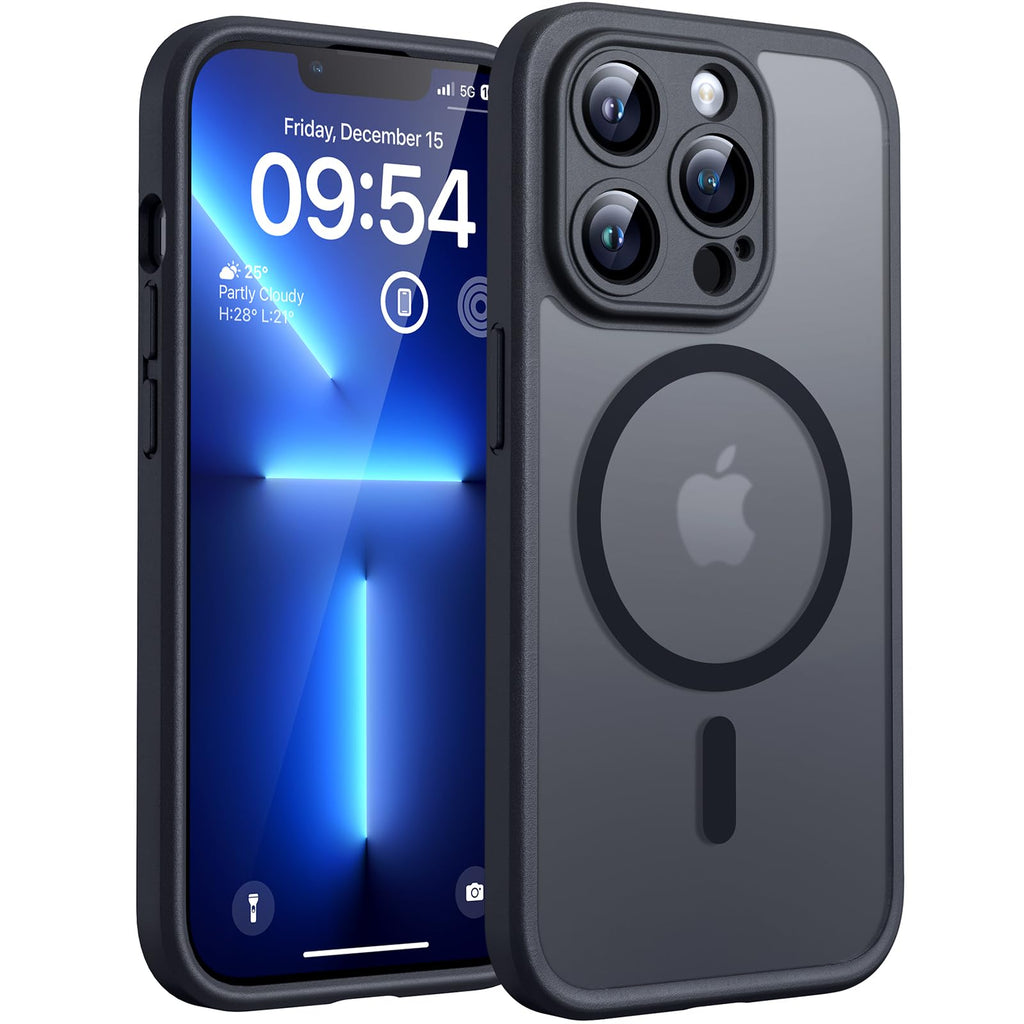 TOCOL Skal för iPhone 13 Pro MAX, Kameraskydd, Integrerad Magnetring, Kompatibel med Magsafe, Fallskydd, Genomskinlig Matt Baksida, Svart Titan