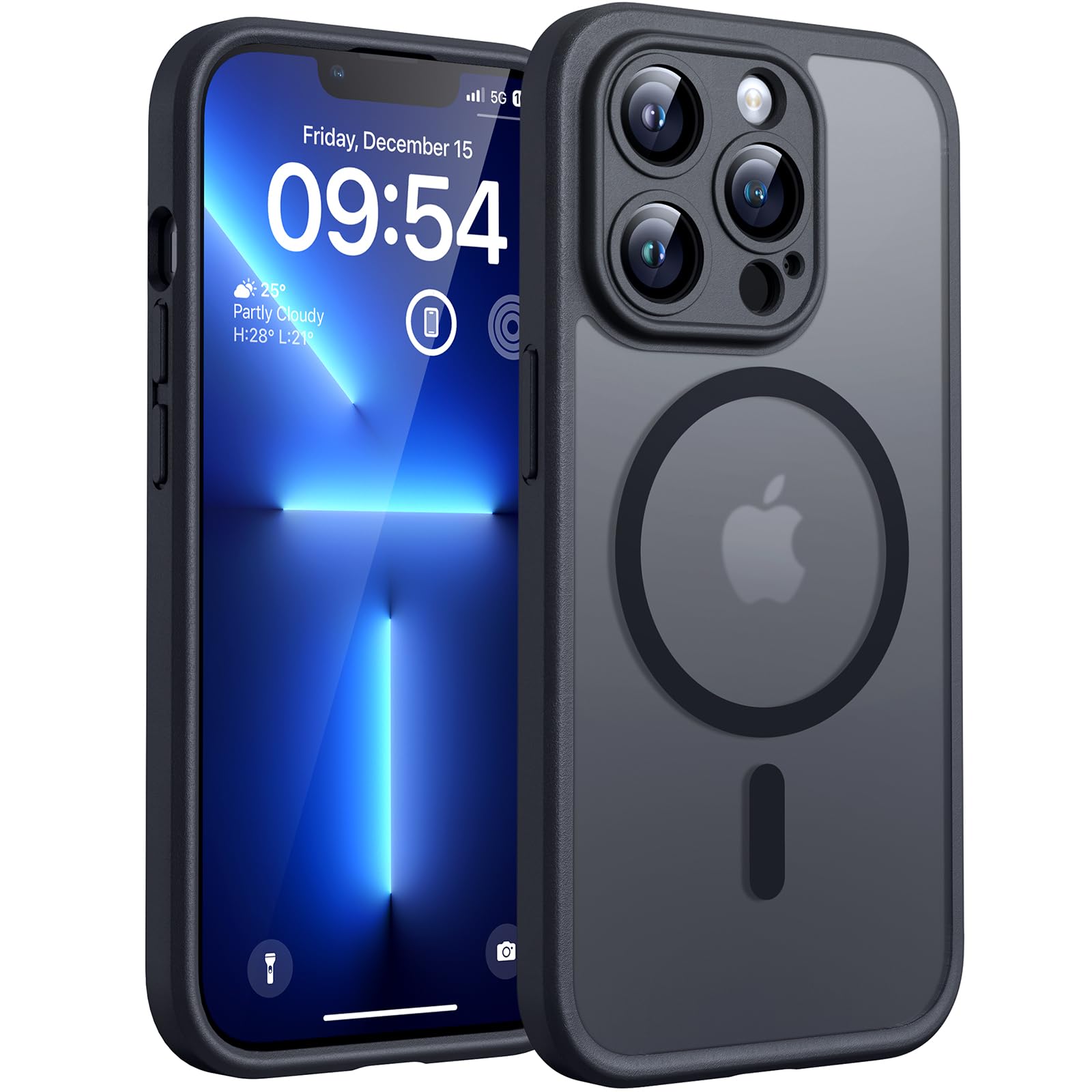 TOCOL Skal för iPhone 13 Pro MAX, Kameraskydd, Integrerad Magnetring, Kompatibel med Magsafe, Fallskydd, Genomskinlig Matt Baksida, Svart Titan