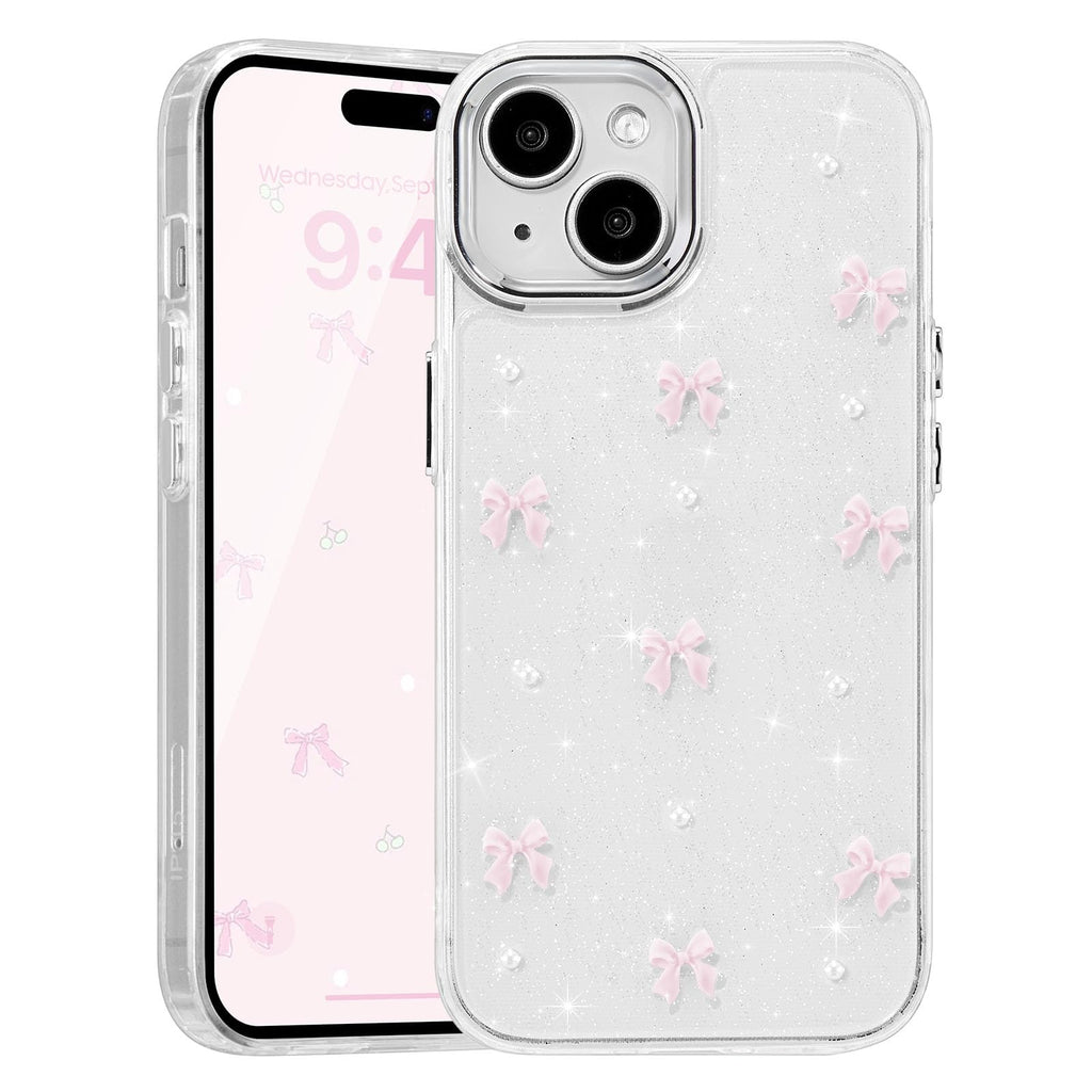 EYZUTAK Skal för iPhone 13/iPhone 14, glittrigt 3D-rosettskal, söt, gnistrande, kristallklar design, tunt, mjukt och hållbart genomskinligt TPU-skal, rosa rosett