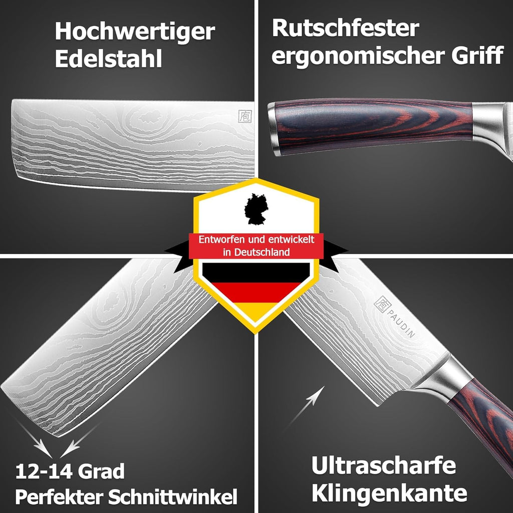 PAUDIN Japansk kniv, bladlängd 17, nariki-kniv, rostfritt stål, kockkniv, multifunktionell kökskniv för hem och kök med ergonomiskt handtag