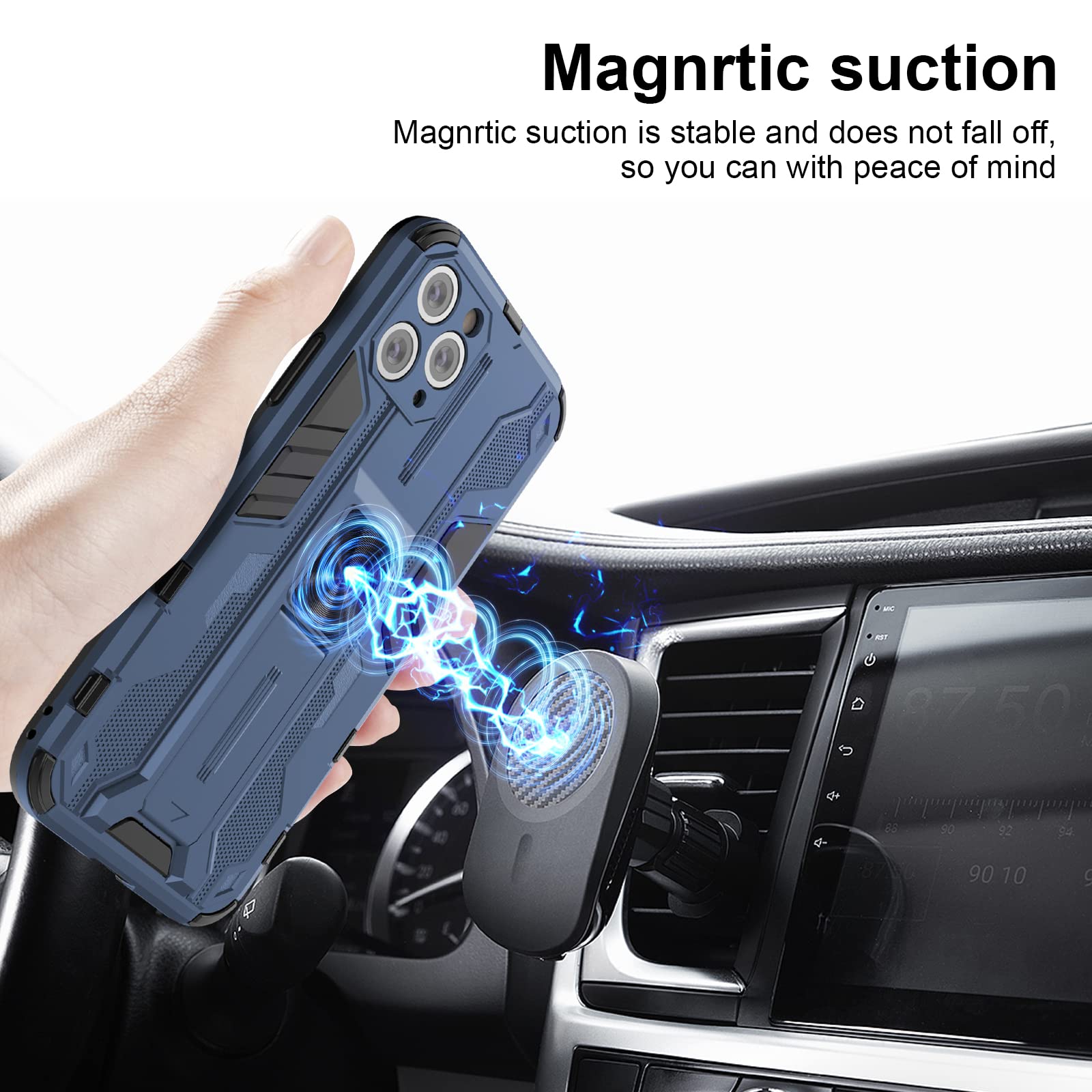 Skal för iPhone 11 Pro Max med skärmskydd, standardfodral stativfunktion Shockproof Case- blå
