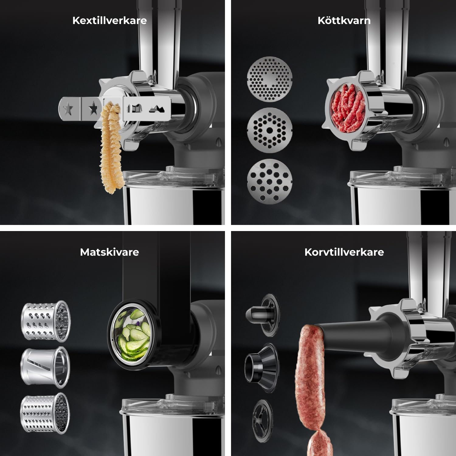 6 in 1 Matberedare – 2000W – Med Köttkvarn, 1,5L Blender,Grönsaksskärare och Extra Tillbehör – Köksmaskin med Mixerskål 6.2L, Omrörarkrok, Degkrok, Visp och Stänkskydd (Antracit)