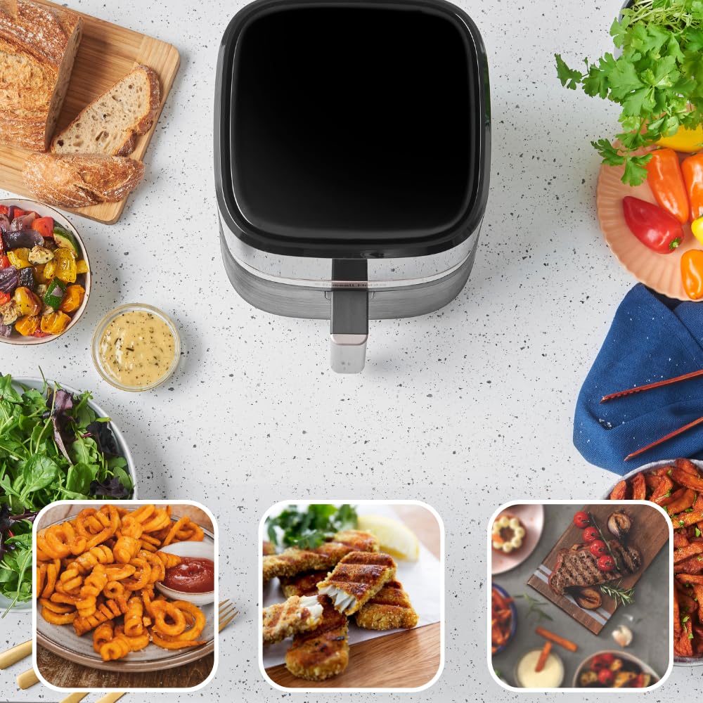Russell Hobbs Air Fryer 4.3L Rapid Airfryer [Kompakt design, 9 program] satisfry Diskmaskinssäkra delar, max 200°C, Oljefri matlagning, Pekskärm, Varmhållning, Stek, Baka, Grill 27610-56
