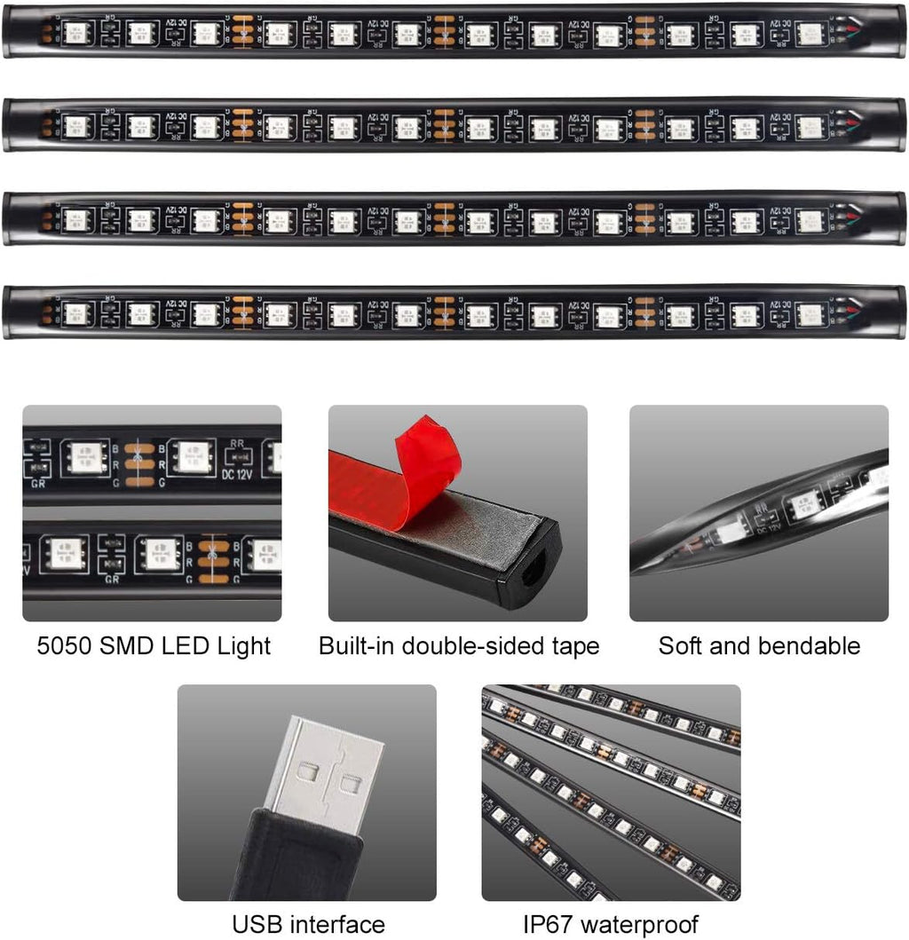 Favoto 4x12 interiörbelysning LED-atmosfär lätt bilinteriörbelysning ledde interiör med USB-port och IR-fjärrkontroll