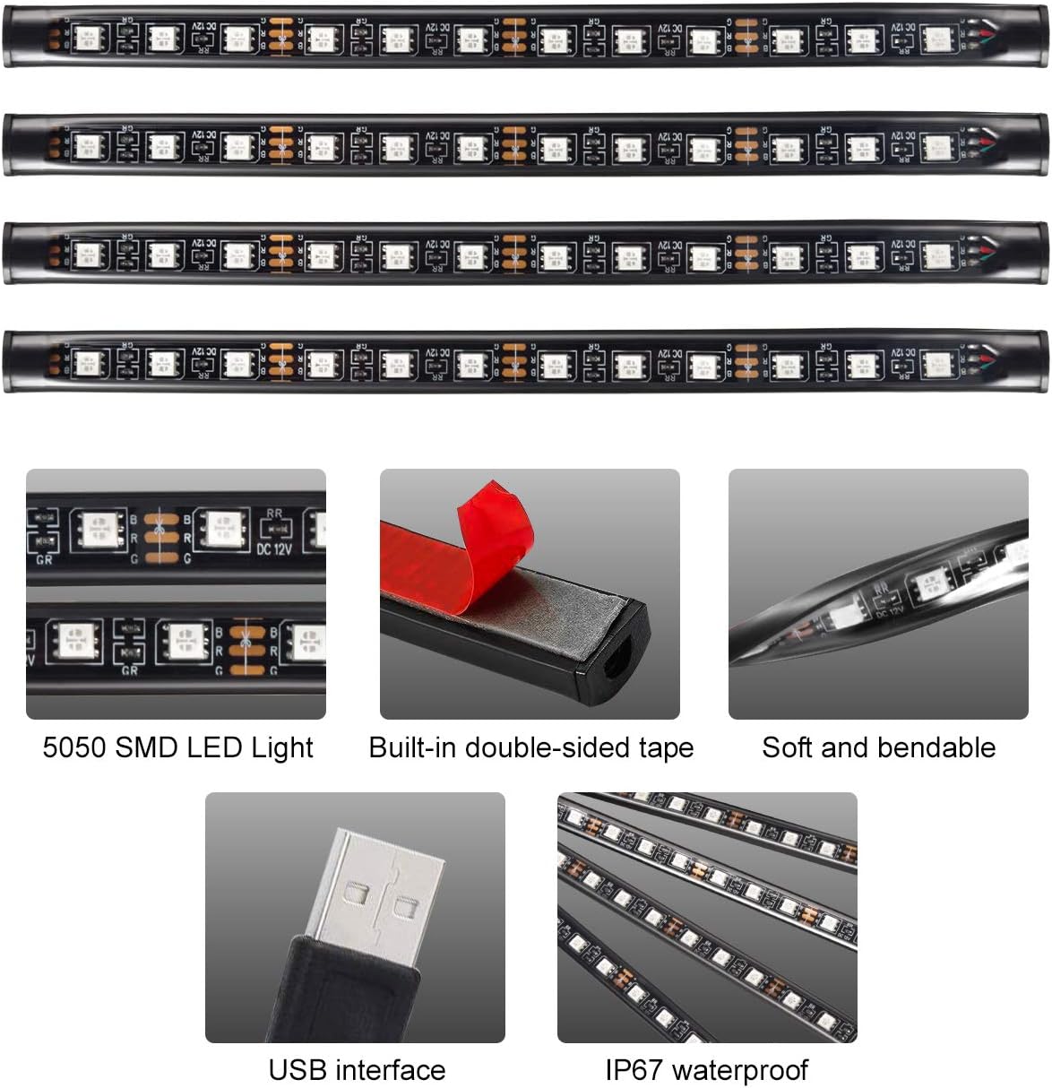 Favoto 4x12 interiörbelysning LED-atmosfär lätt bilinteriörbelysning ledde interiör med USB-port och IR-fjärrkontroll