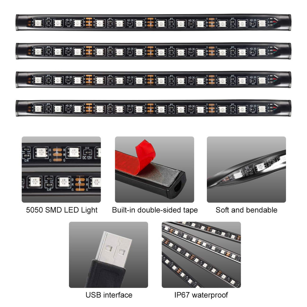 Favoto 4x12 interiörbelysning LED-atmosfär lätt bilinteriörbelysning ledde interiör med USB-port och IR-fjärrkontroll