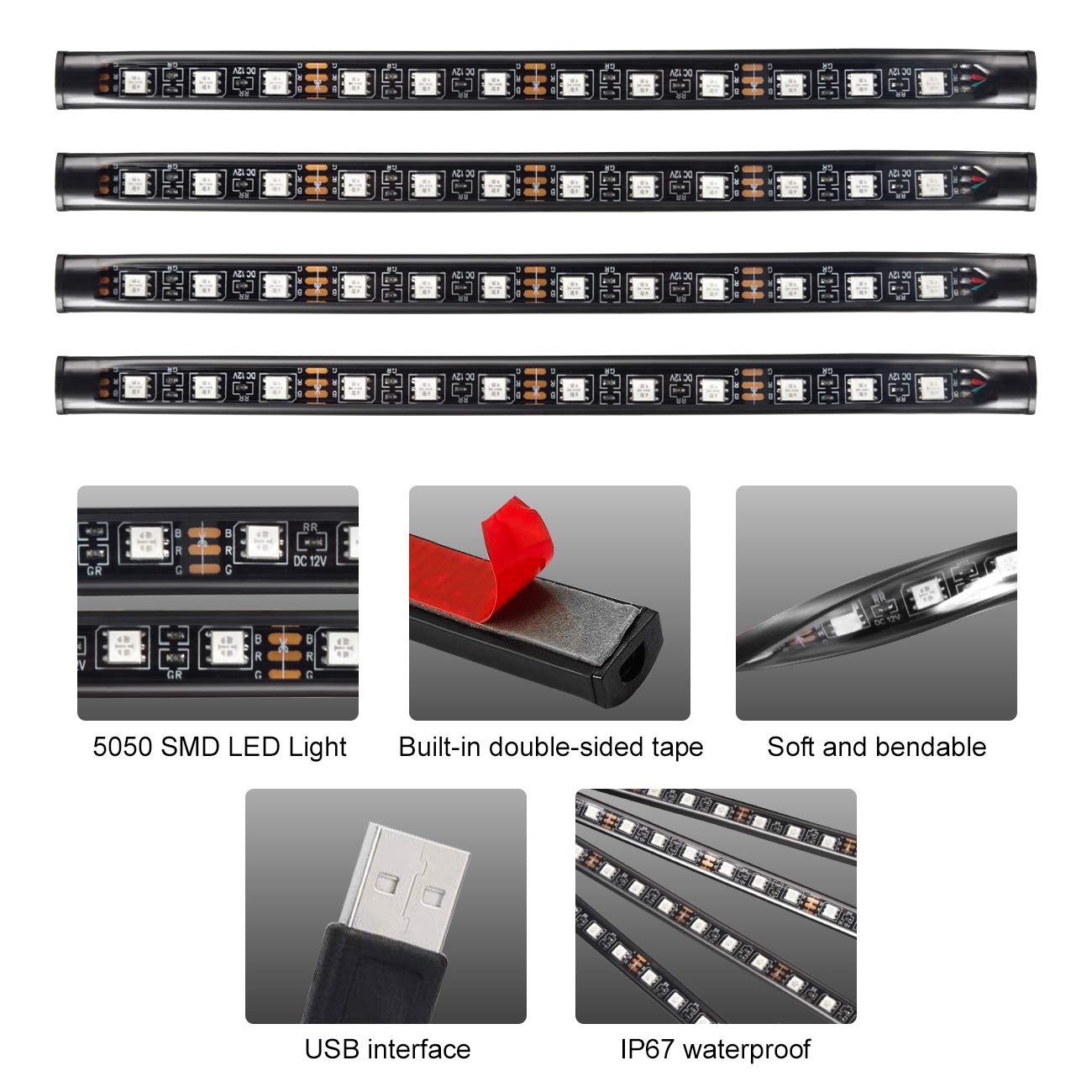 Favoto 4x12 interiörbelysning LED-atmosfär lätt bilinteriörbelysning ledde interiör med USB-port och IR-fjärrkontroll
