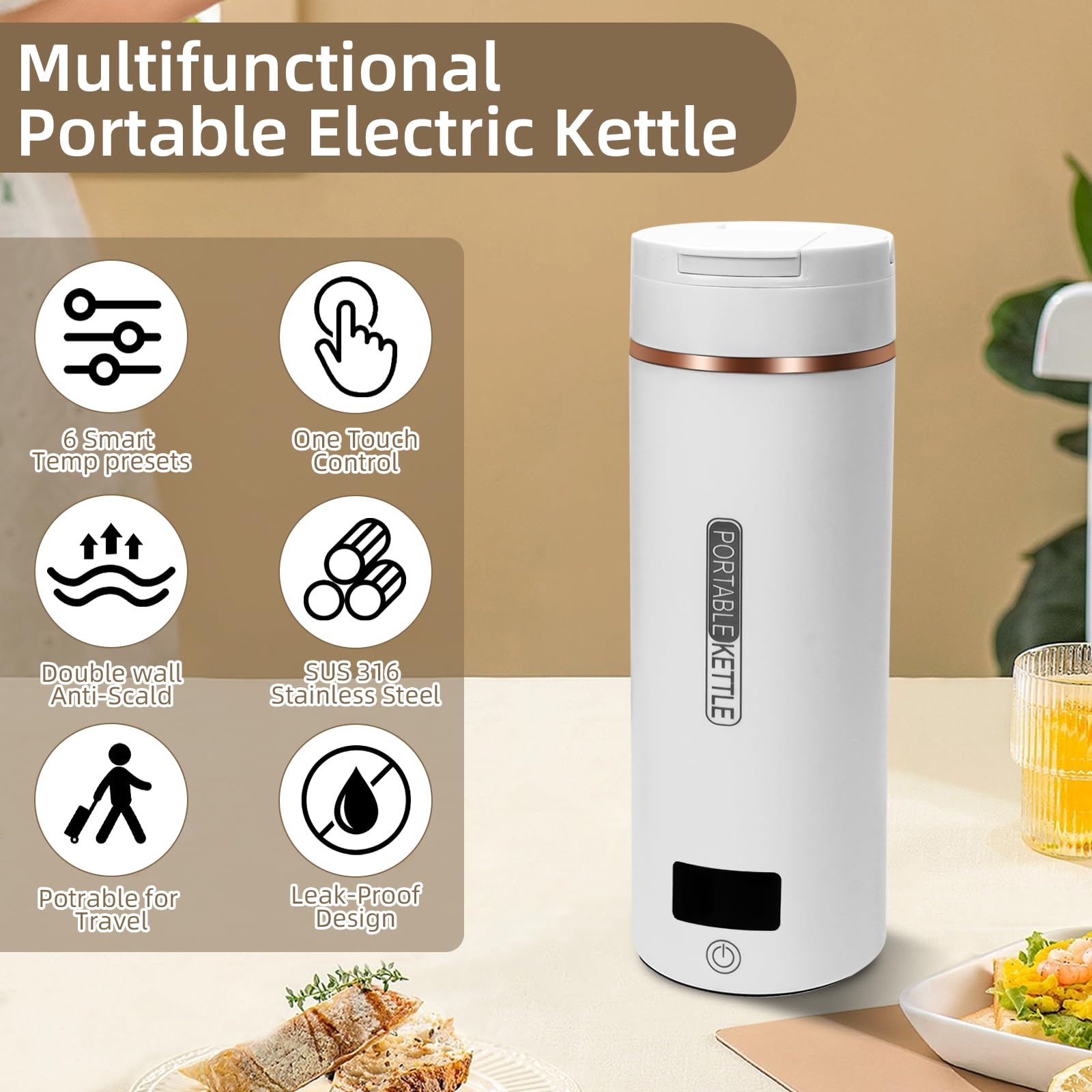 Mini elektrisk vattenkokare, 400 ml bärbar resevattenkokare med 6 temperaturinställningar, automatisk avstängd uppvärmning, med 316 rostfritt stål för te, kaffe, babymjölk