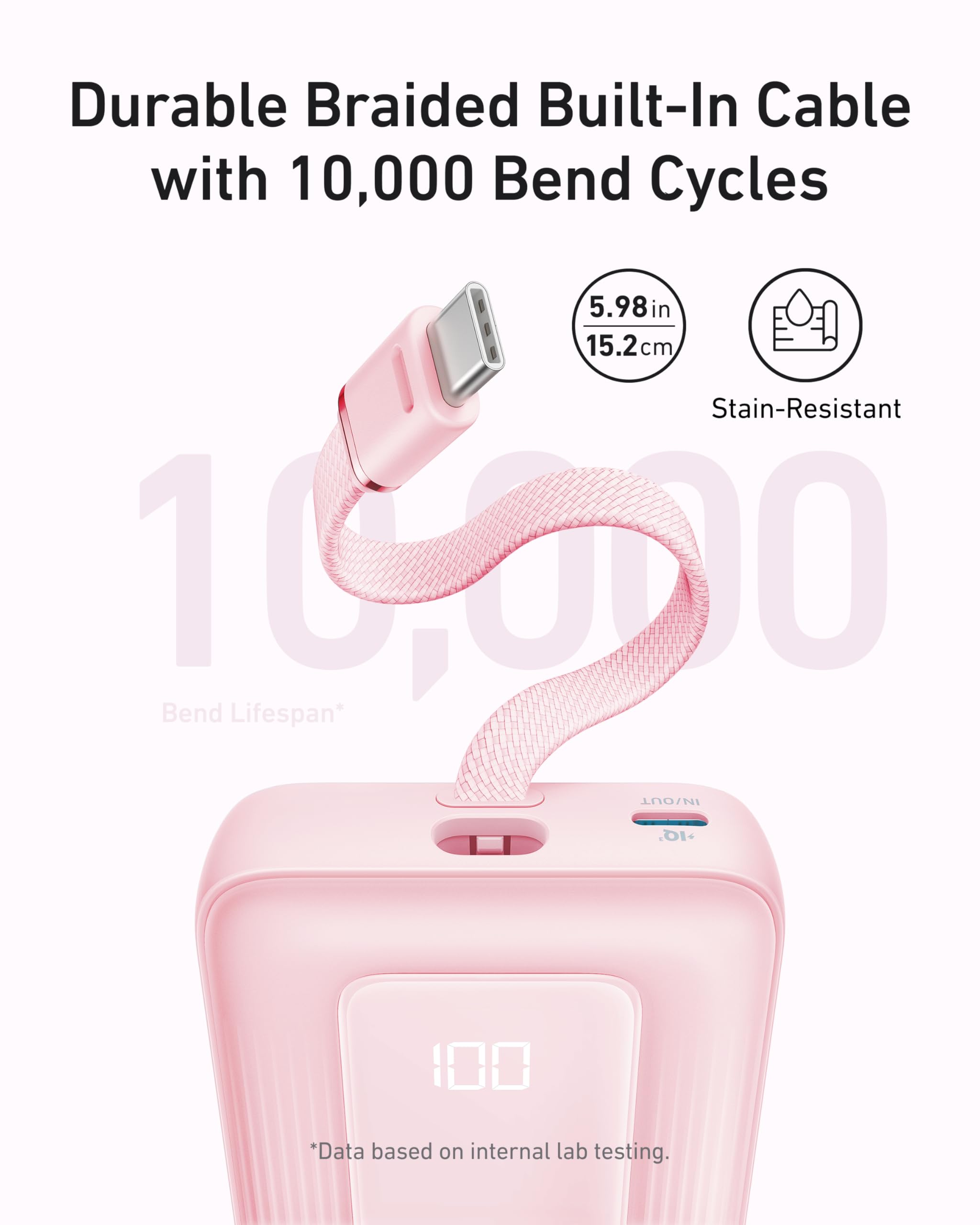 Anker Zolo Power Bank, 20 000 mAh 30 W Höghastighets Portabel Laddare med Inbyggd USB-C-kabel, 1 USB-C, 1 USB-A, Batteripack för iPhone 16/16 Pro/16 Pro Max/16 Plus, Galaxy och mer