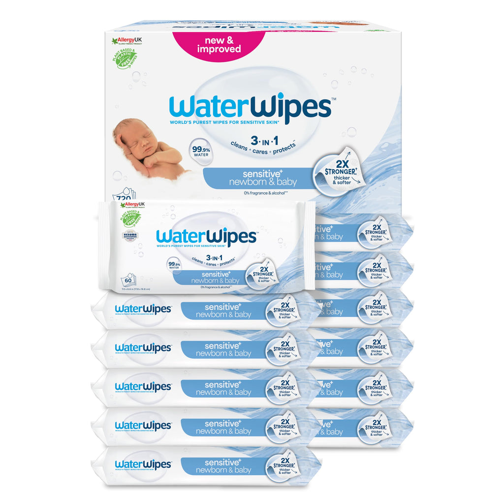WaterWipes Sensitive+ Newborn & Baby Wipes, Våtservetter för nyfödda och spädbarn, 720 st (12-pack), 3-i-1 rengör, vårdar och skyddar, 99,9% vatten, oparfymerade