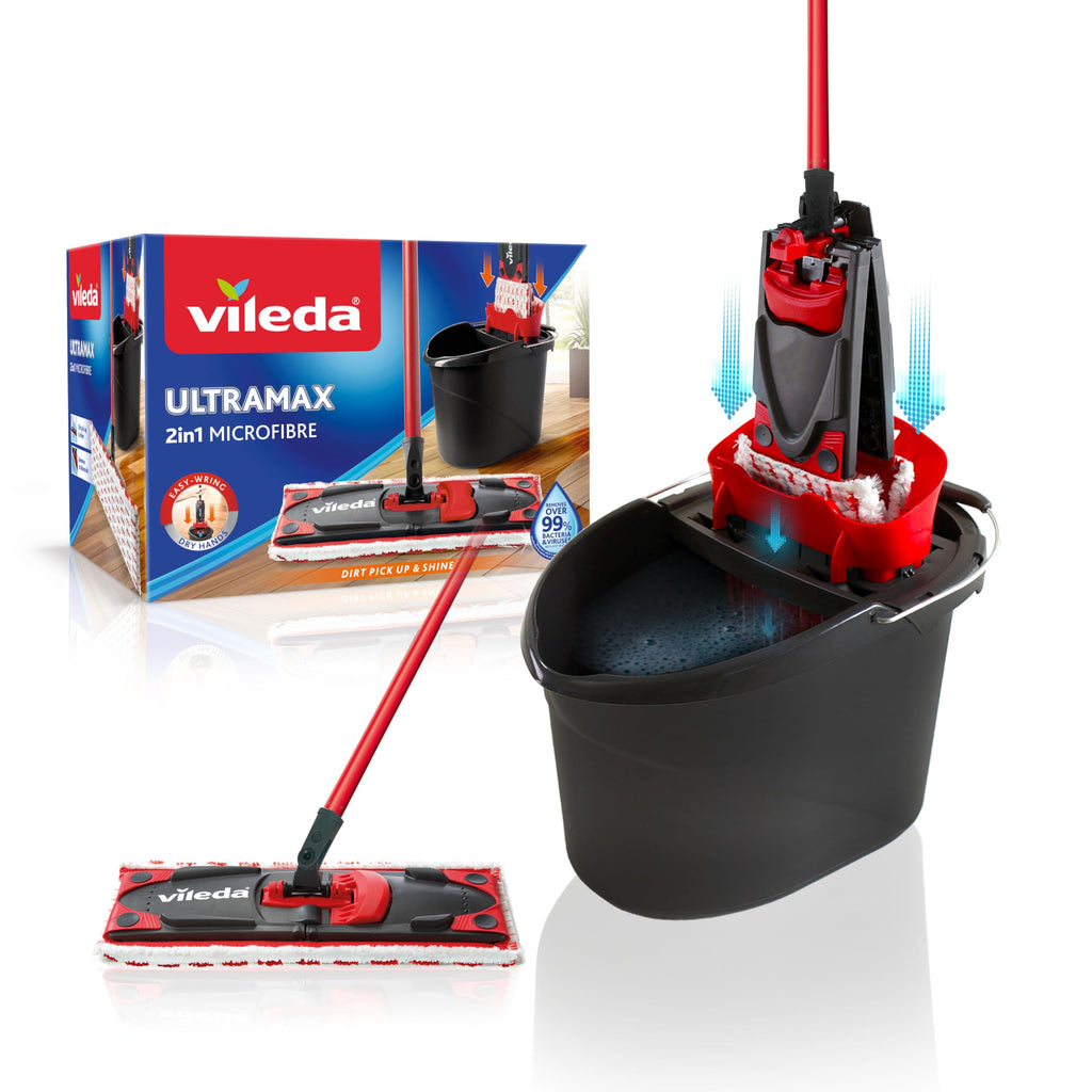 Vileda Ultramax komplett moppset – mopp med hink och urvridare, flatmopp med moppdyna i mikrofiber som tar bort över 99% av bakterierna med endast vatten, effektiv rengöring för alla hårda golv