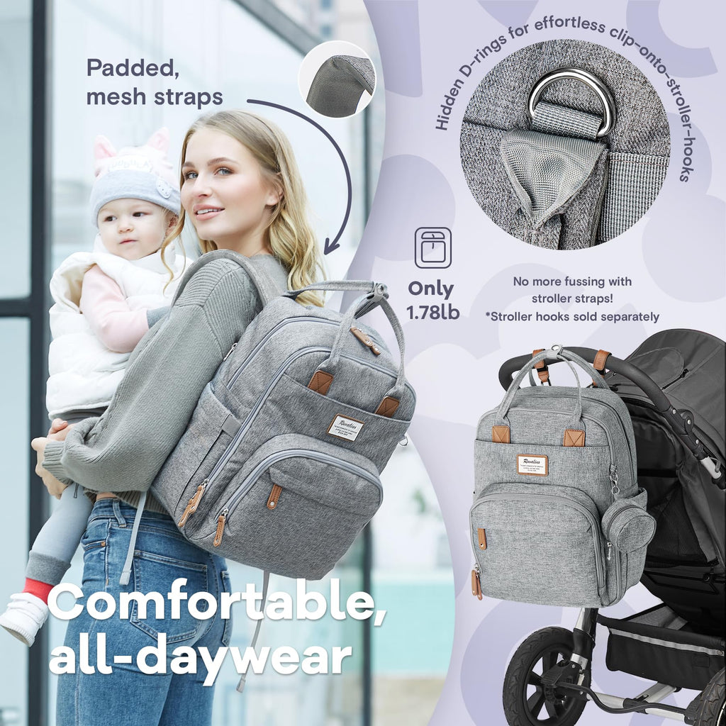 RUVALINO Baby skötryggsäck, multifunktionell skötväska resa ryggsäck stor kapacitet babyväska, vattentäta tyger, ingen formaldehyd, passar barnvagnar