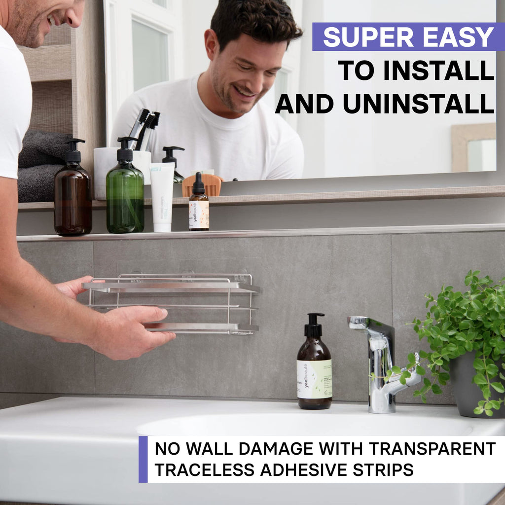 KINCMAX Shower Caddy Basket Shelf Pack of 2 - Adhesive Drill Free Kitchen or Bathroom Organiser Rack - Shower Storage Shelves for Inside Shower - w/Hooks for Accessories
