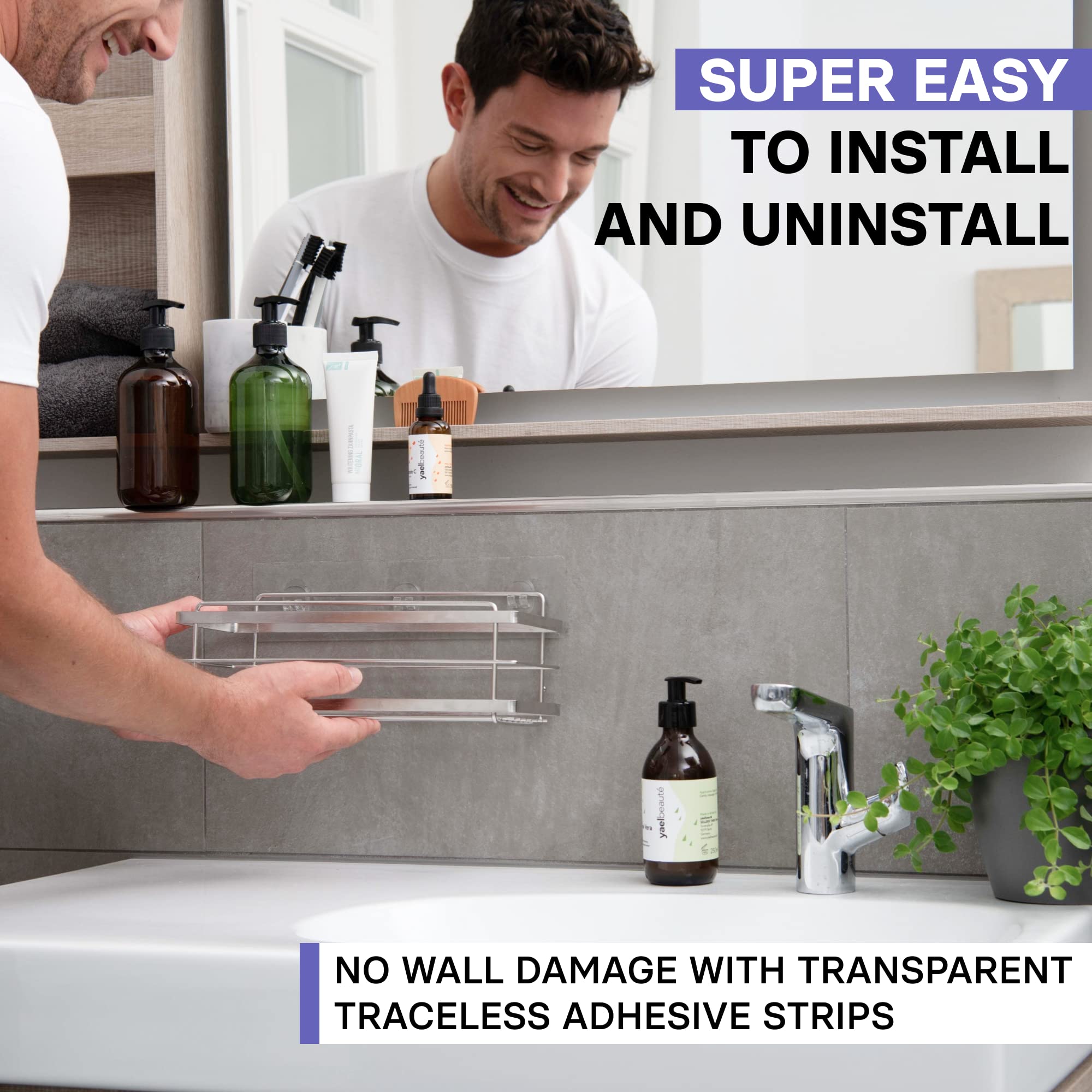 KINCMAX Shower Caddy Basket Shelf Pack of 2 - Adhesive Drill Free Kitchen or Bathroom Organiser Rack - Shower Storage Shelves for Inside Shower - w/Hooks for Accessories