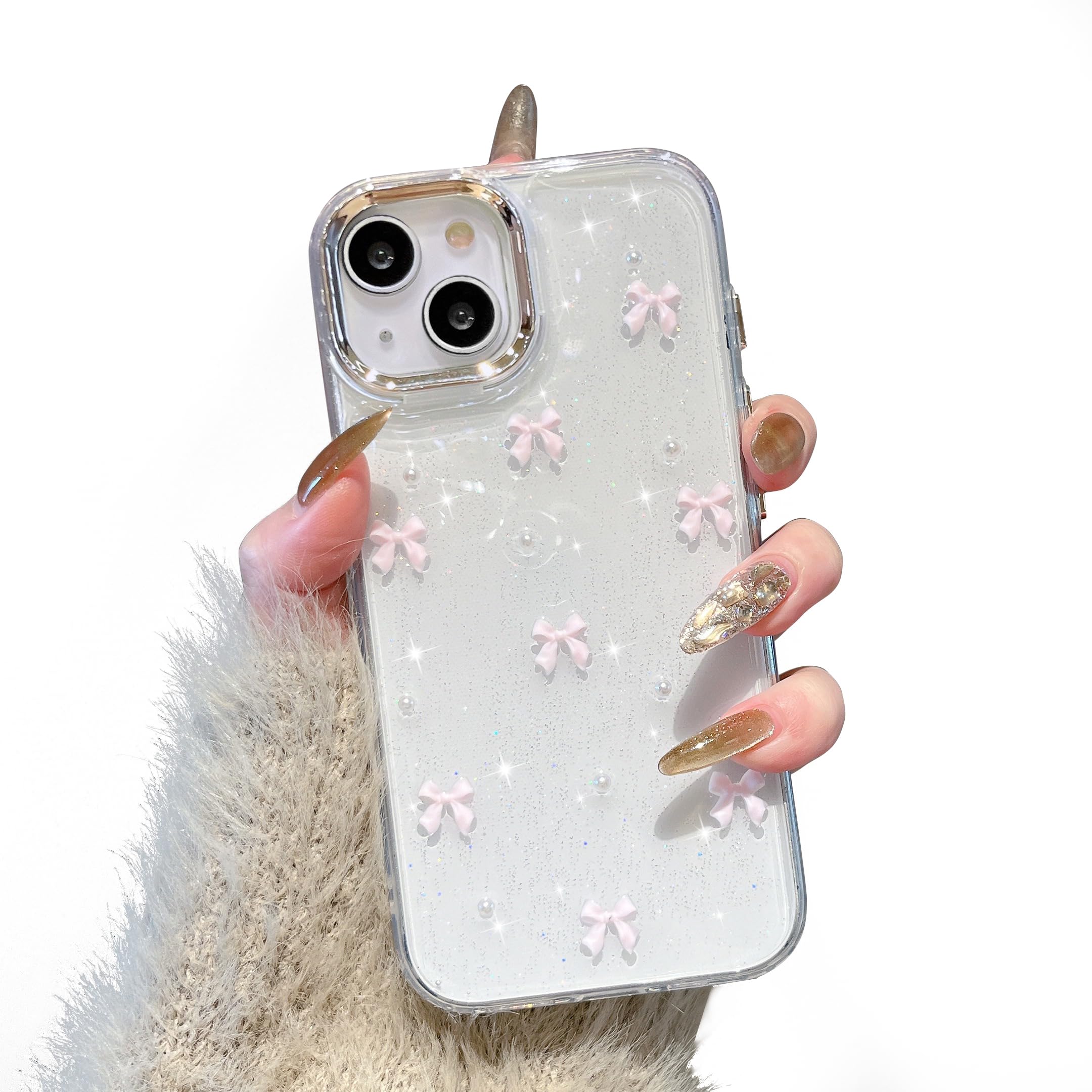 EYZUTAK Skal för iPhone 13/iPhone 14, glittrigt 3D-rosettskal, söt, gnistrande, kristallklar design, tunt, mjukt och hållbart genomskinligt TPU-skal, rosa rosett