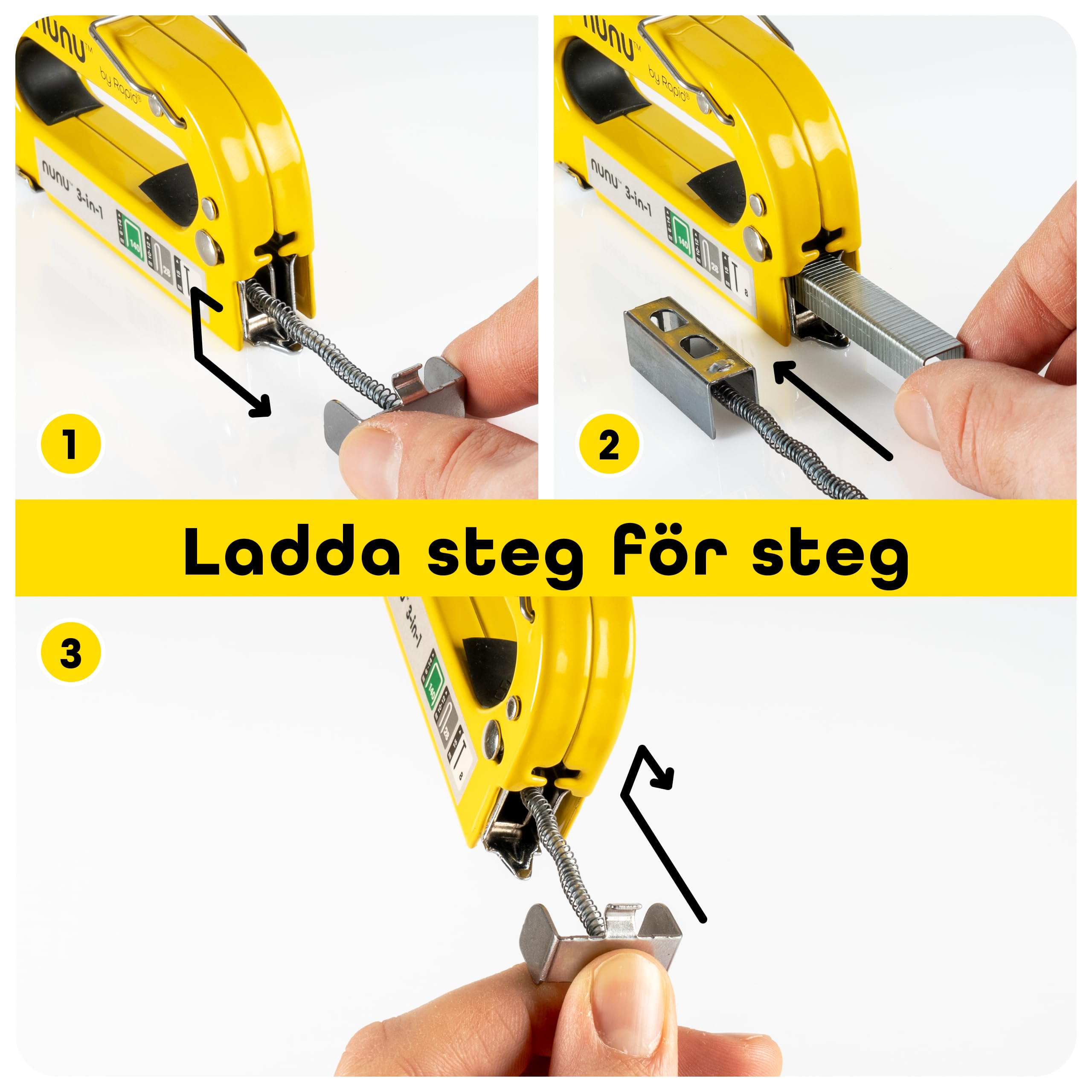 Rapid NUNU 3-i-1 Häftpistol med 3 000 Häftklamrar och Häftstift, Slitstark Stålpistol För Gör Det Själv, Trä/Vägg/Möbeltapetsering/Heltäckningsmatta, Justerbar kraft, Ergonomisk Design (5001728)