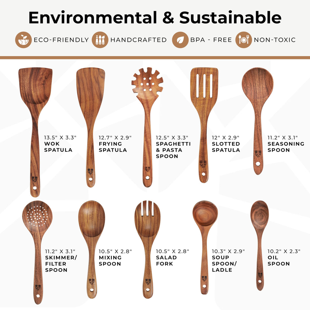 Träskedar för matlagning, set med 10 matlagningsredskap i teak-trä – köksredskap i trä för non-stick-pannor och köksredskap – robusta, lätta och värmebeständiga