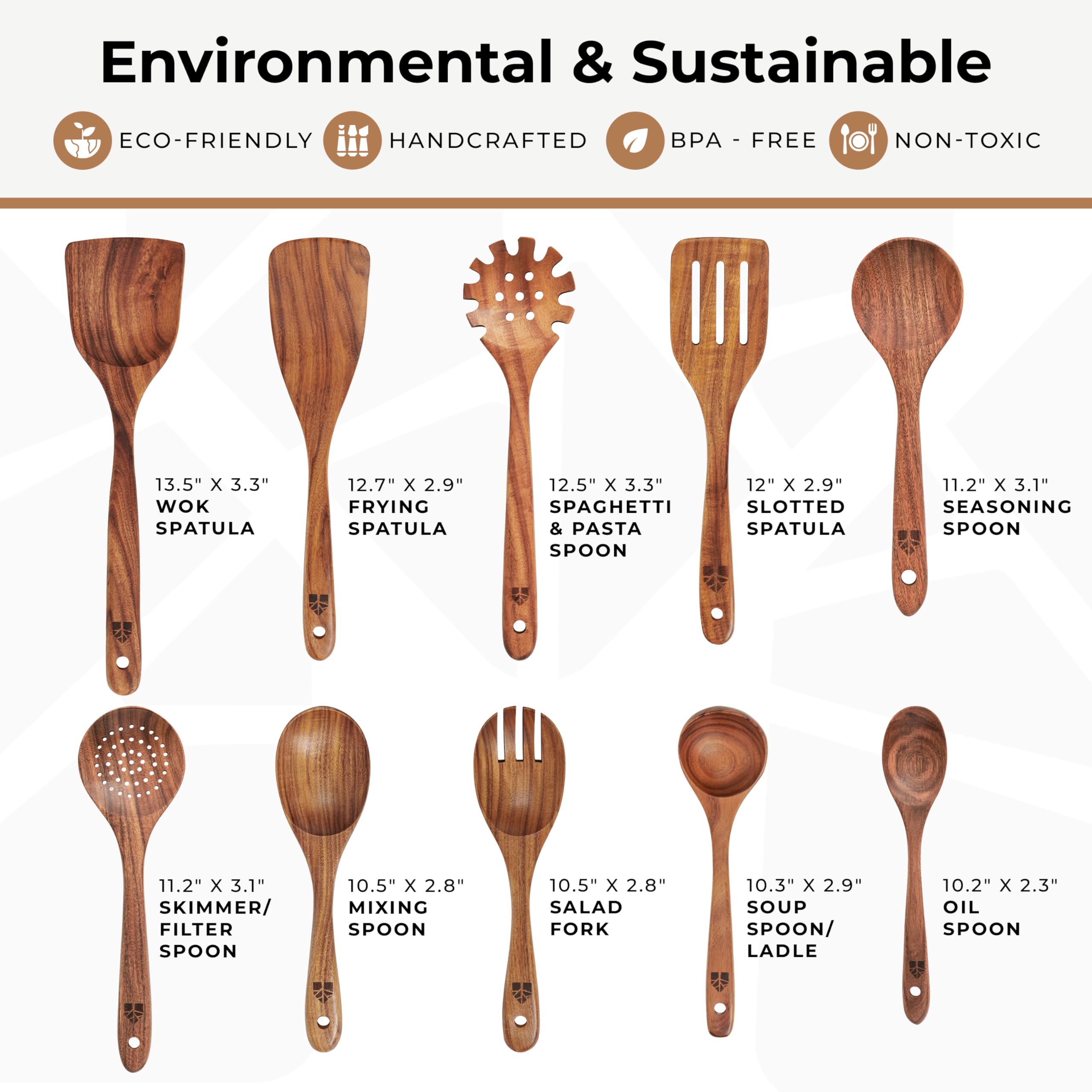 Träskedar för matlagning, set med 10 matlagningsredskap i teak-trä – köksredskap i trä för non-stick-pannor och köksredskap – robusta, lätta och värmebeständiga