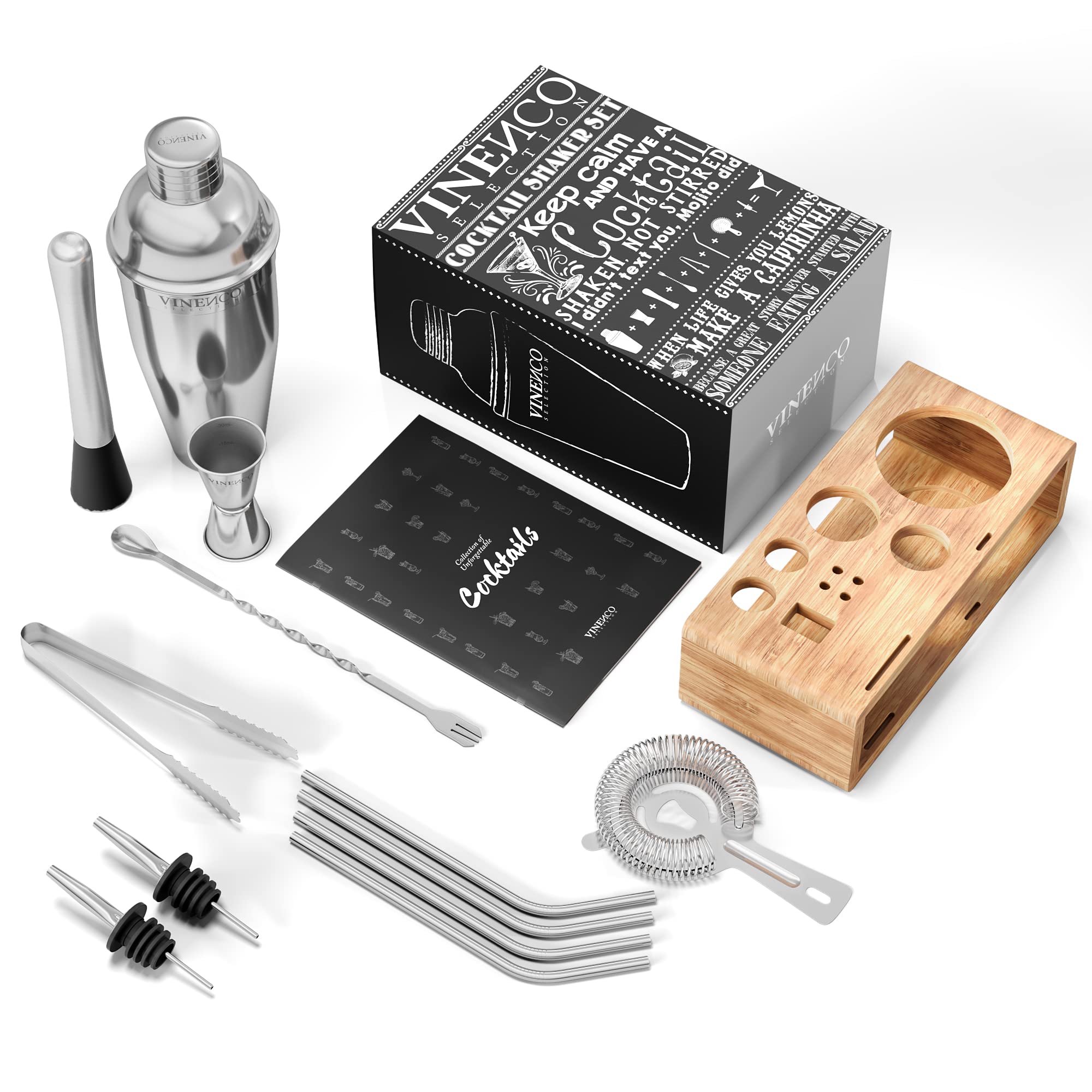 Cocktail Shakers Set Manhattan med Stand + Recept Bok: Premium Rostfritt Stål Bar Kit: Sil Dubbel Jigger Sked | Pro Bartender Making Drinks - Mojito Martini Gin Maker, Party Fest Gåva Låda Kvinnor Män
