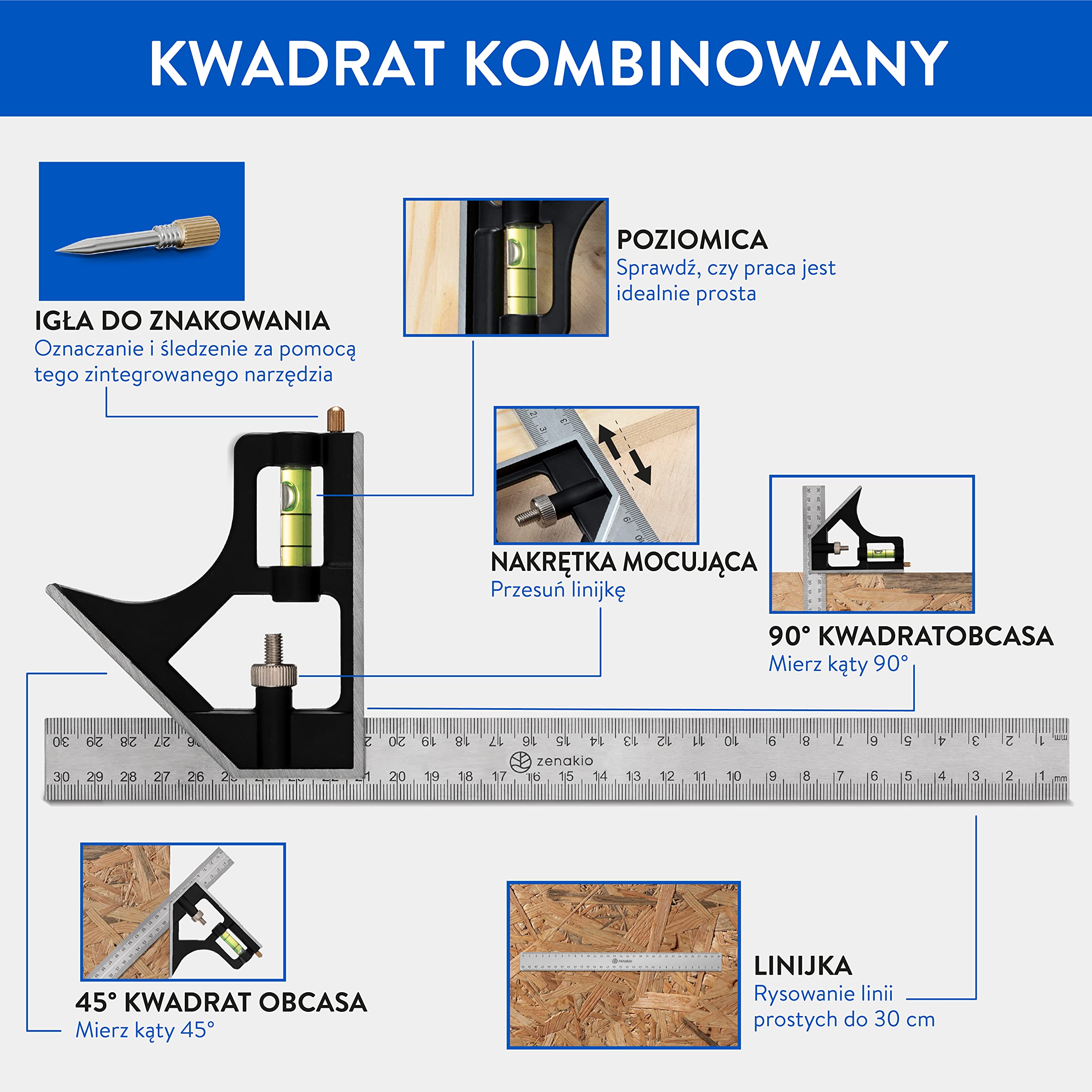 Snickarkvadrat (Set of 2) - Komplett Snickarkvadratkit 12-EN-1-185 mm Metallkvadrat + 300 mm Spårningsverktyg - Multifunktionella Kvadrater för DIY-verktyg
