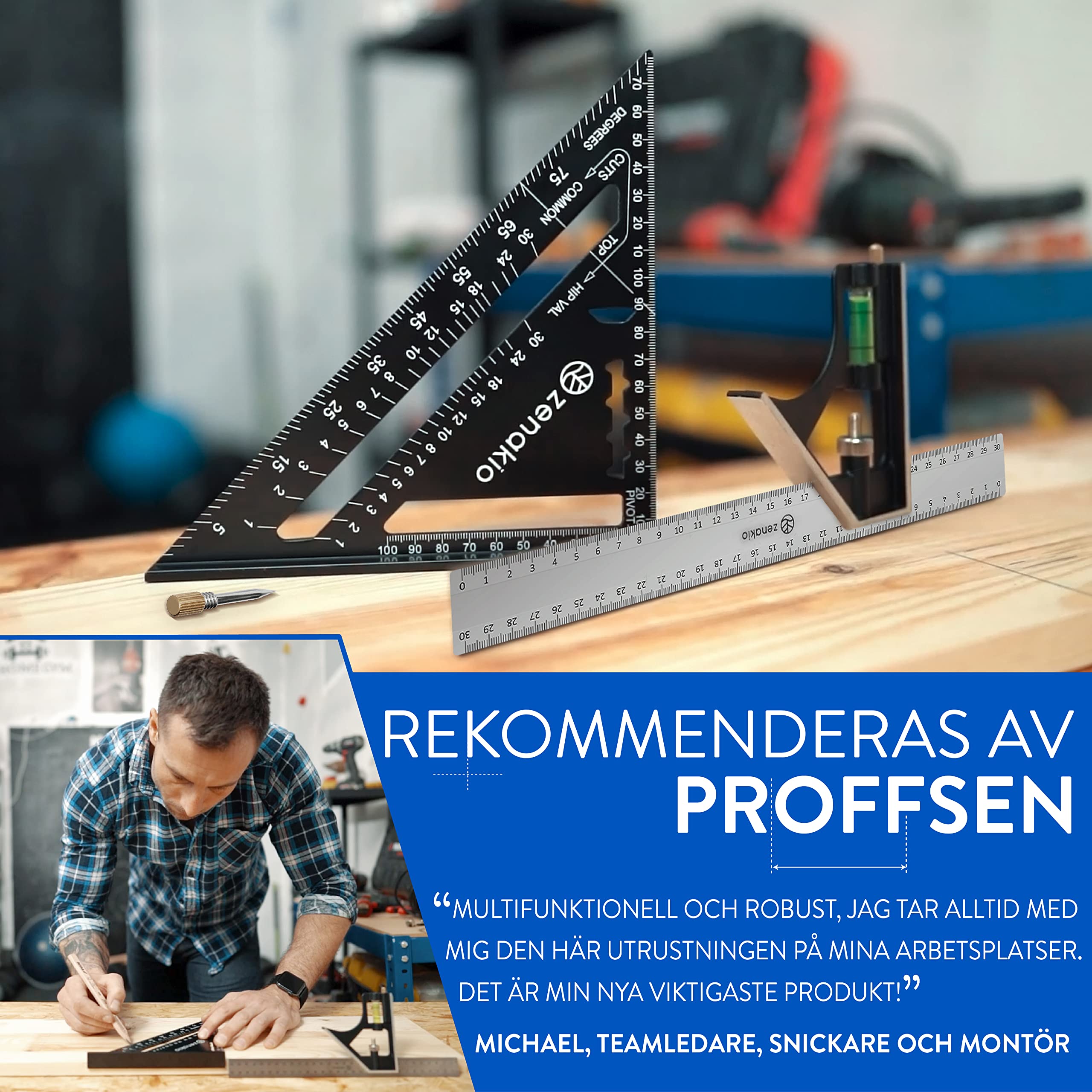 Snickarkvadrat (Set of 2) - Komplett Snickarkvadratkit 12-EN-1-185 mm Metallkvadrat + 300 mm Spårningsverktyg - Multifunktionella Kvadrater för DIY-verktyg